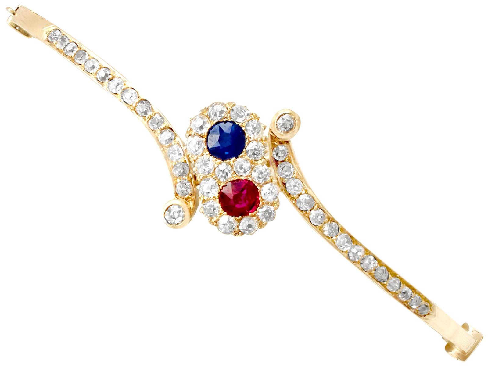0.45ct Ruby & Sapphire, 1.50ct Diamond, 14ct Yellow Gold Bangle - Antique c.1890 (1 of 12)