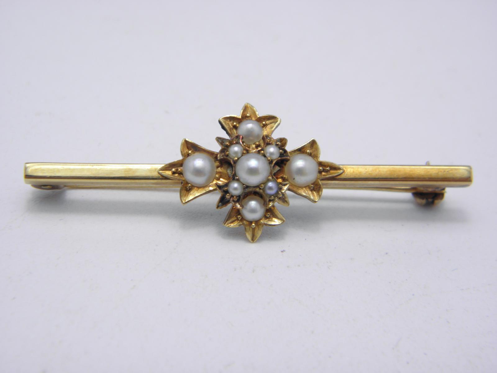 Antique 15ct Gold Pearl Bar Brooch Pin c.1870 Heavy 7g (1 of 15)