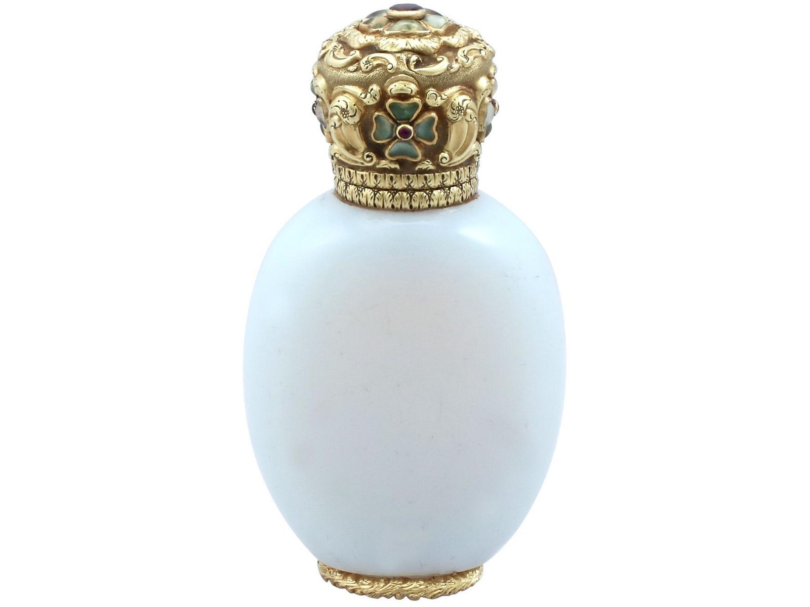 18ct Yellow Gold, 0.43ct Garnet, Ruby, Hardstone & Glass Scent Bottle - Antique c.1845 (1 of 16)
