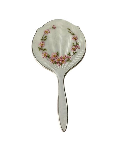 Vintage English Solid Silver & Guilloche Enamel Dog Roses Hand Mirror Birmingham 1964 (1 of 8)