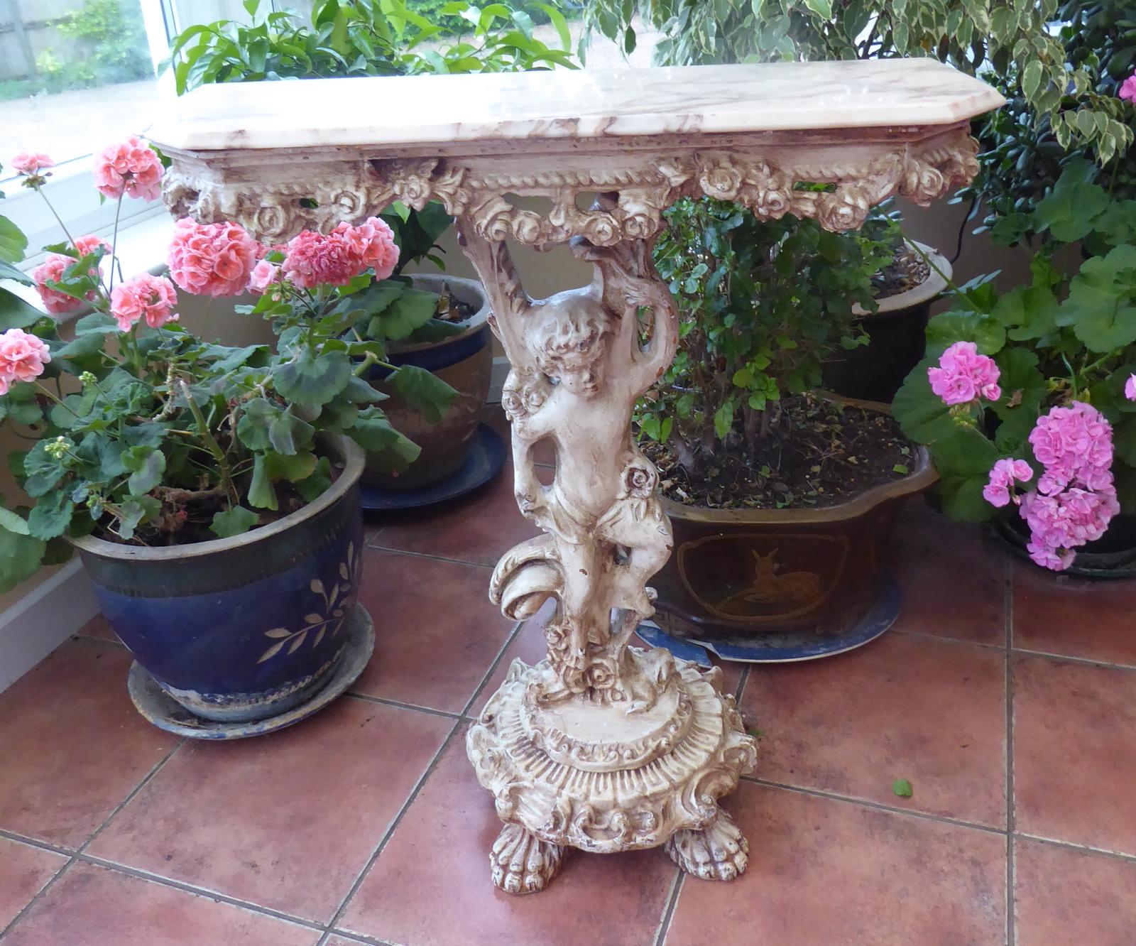 Table / Plant Stand Painted Pine Carved Cherub Marble Top (1 of 14) Table / Plant Stand Painted Pine Carved Cherub Marble Top (1 of 14)