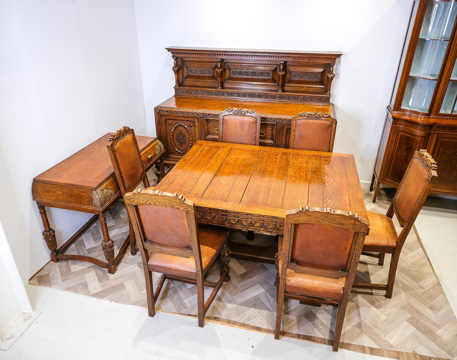 Antique Carved Oak Dining Suite - Table, 6 Chairs, Sideboard & Side Table (1 of 10)