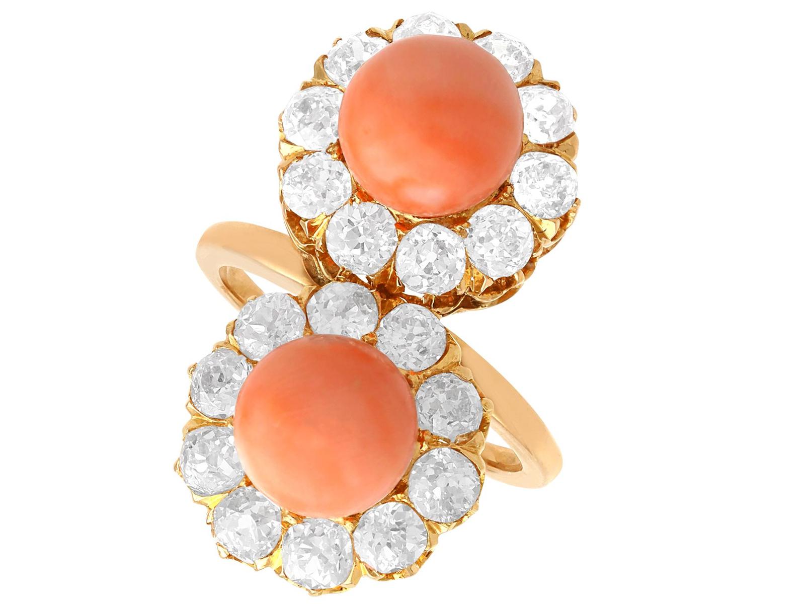 6.06ct Coral & 2.86ct Diamond, 18ct Rose Gold Dress Ring c.1930 (1 of 9)