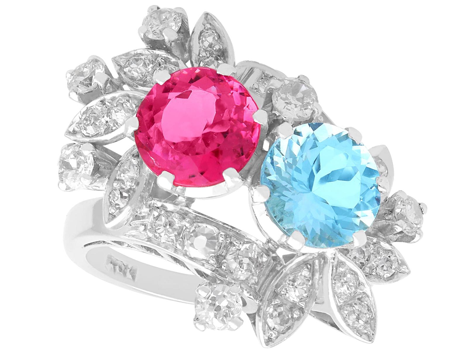 Vintage 1.85ct Pink Tourmaline, 2.00ct Aquamarine & 1.07ct Diamond 14ct White Gold Dress Ring c.1950 (1 of 9)