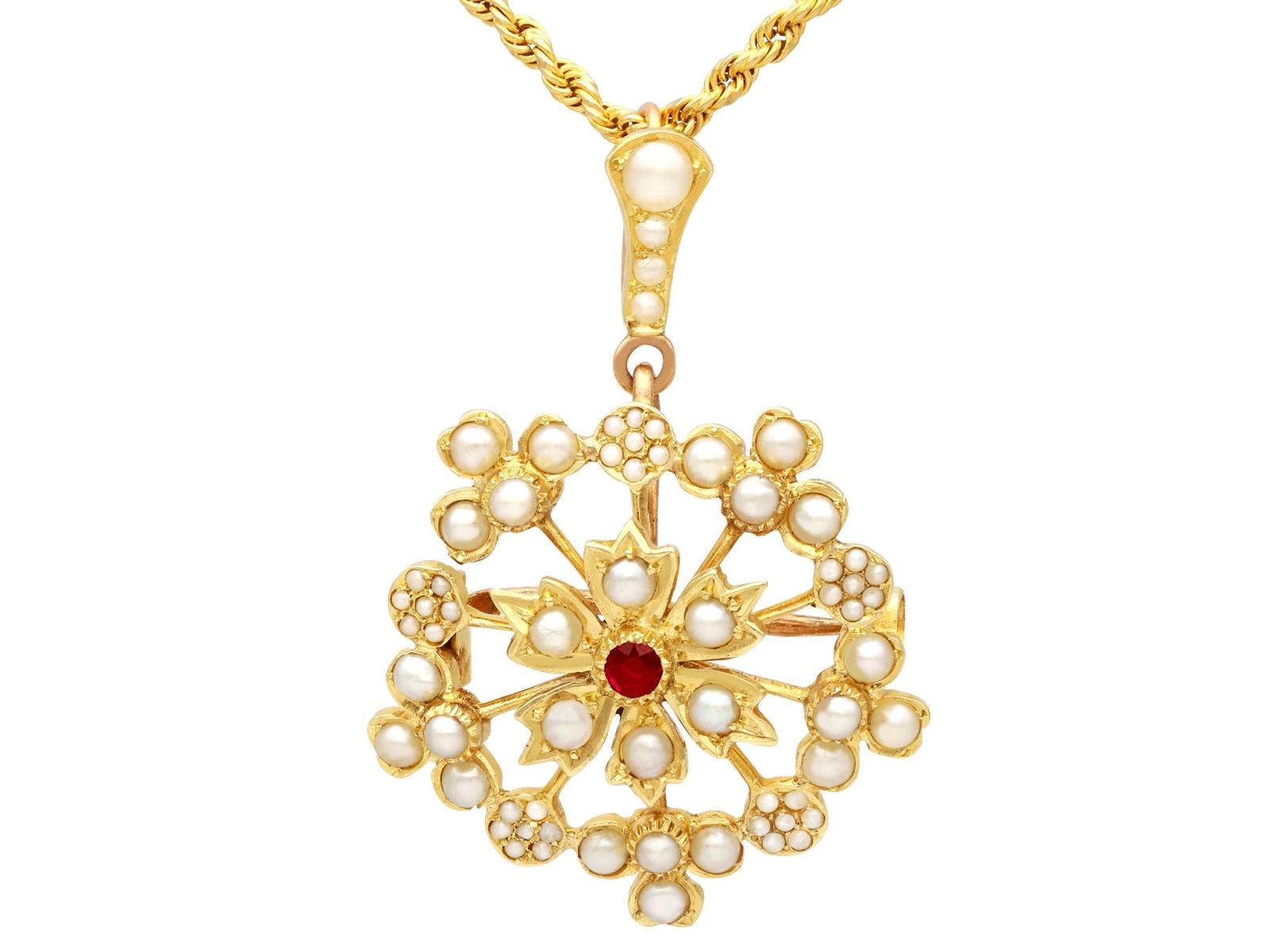 Antique Ruby & Seed Pearl, 15ct Yellow Gold Pendant / Brooch c.1920 (1 of 12)