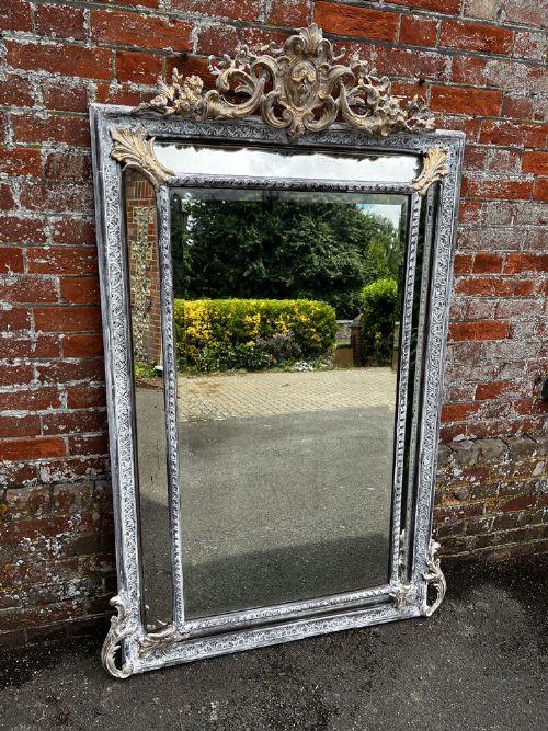 Exceptional Large Antique French 19th Century Carved Wood & Gesso Painted & Gilt Cushion Mirror (1 of 9)
