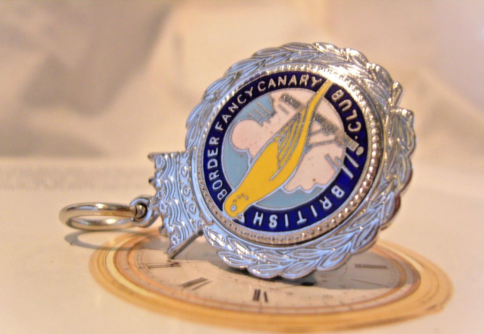 Pocket Watch Chain Fob Canary Club Bird Fanciers 1960s Large Silver Chrome Fob (1 of 8)