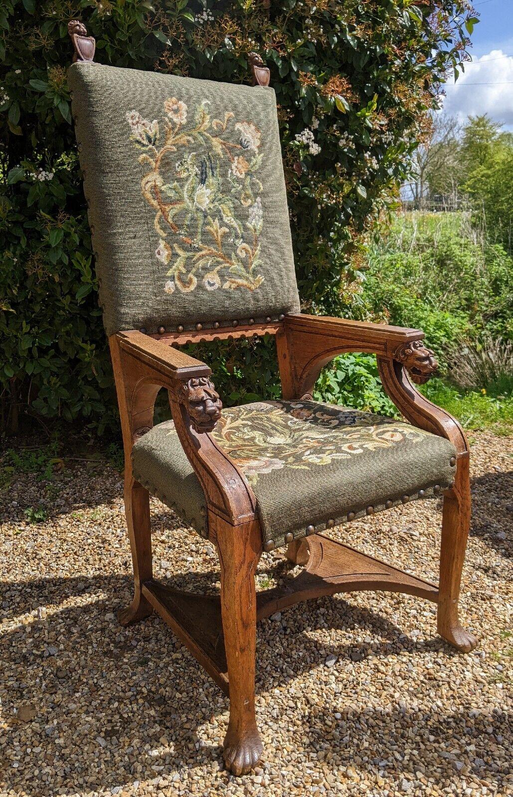 Good Quality Oak Tapestry Armchair Lions Masks (1 of 9)