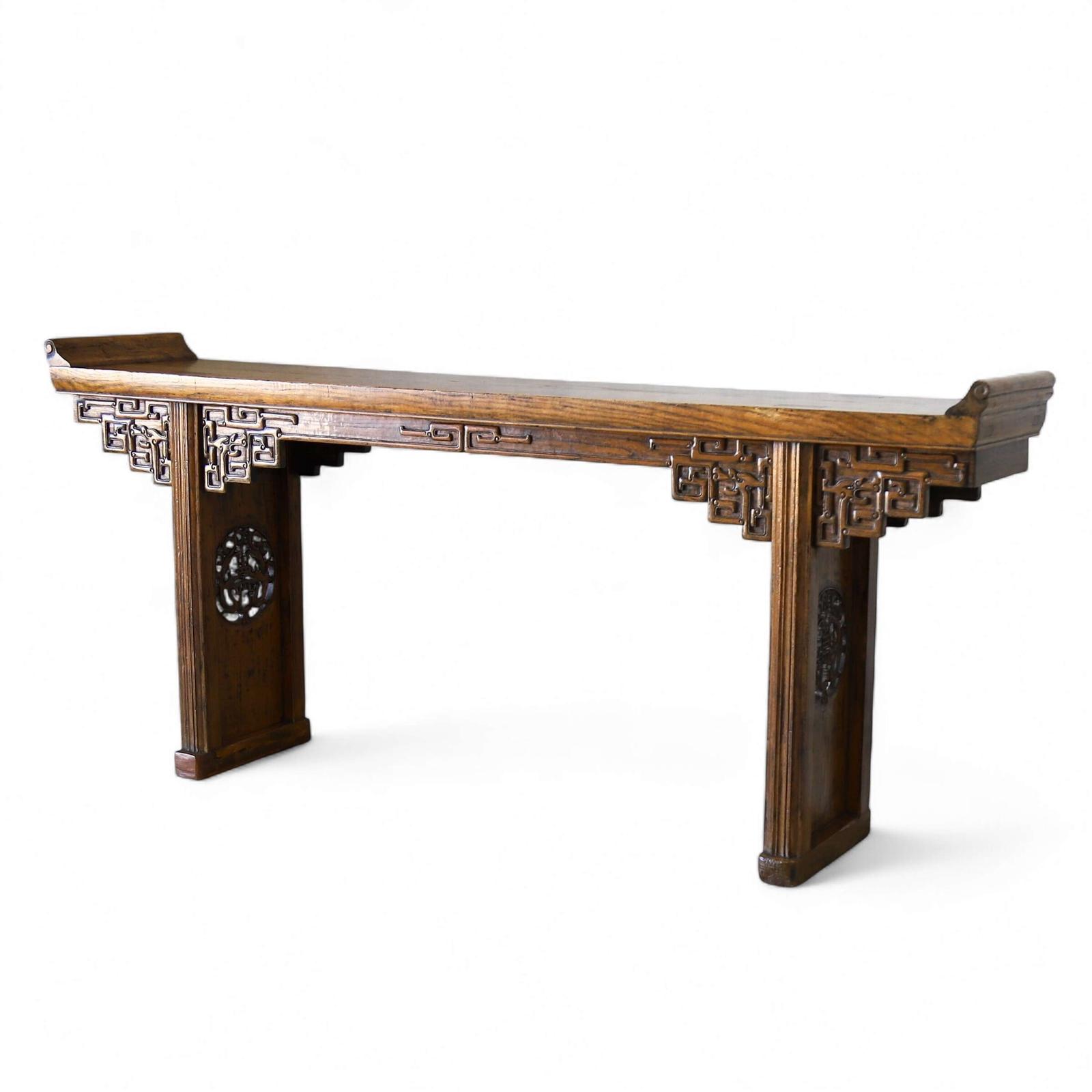 19th Century Chinese Altar Table - Solid Elm with Carved Decoration & Scrolled Ends (1 of 21)