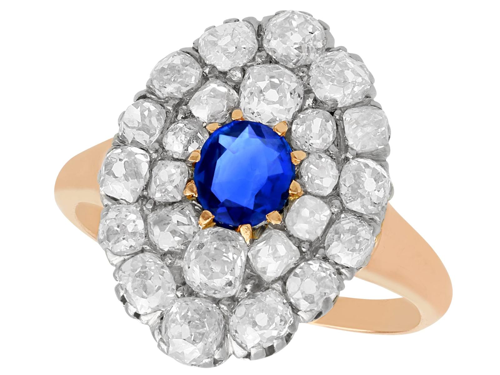 Antique 0.45ct Sapphire & 2.76ct Diamond, 18ct Rose Gold Cluster Ring c.1900 (1 of 11)
