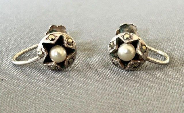 Art Deco Pair of Silver, Pearl &  Marcasite Earrings (1 of 5)