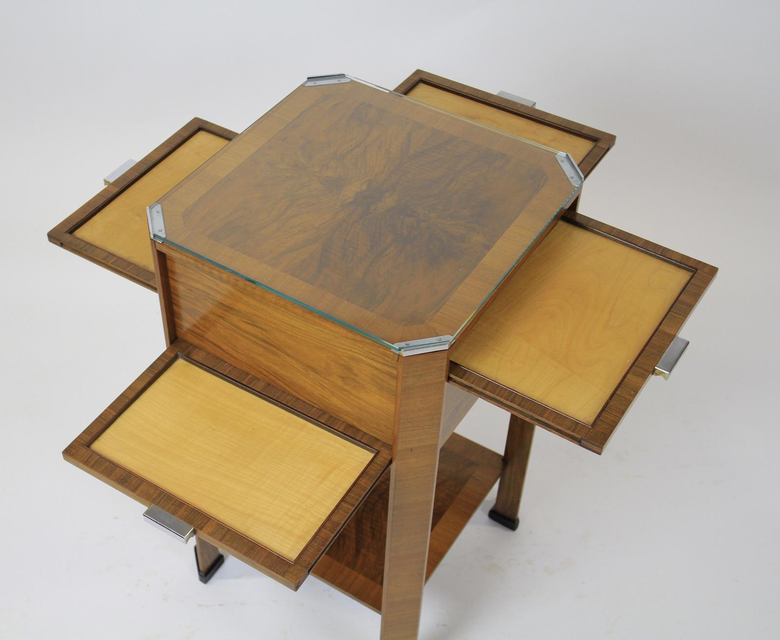 Fine Art Deco Walnut 2 Tier Table with Maple Slides c.1930 (1 of 11)