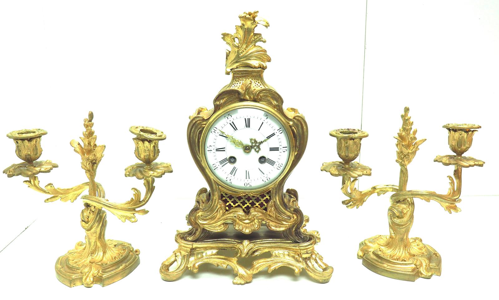 Superb Antique French Ormolu Mantel Candelabra Clock Set Scrolling Decoration (1 of 15)