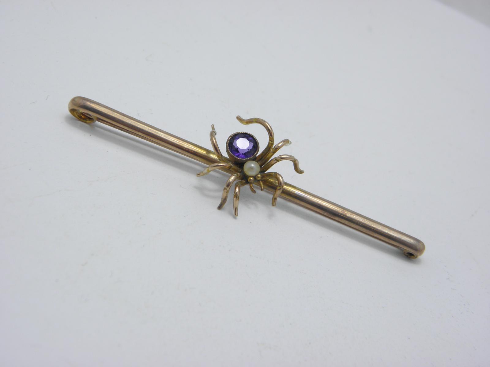Antique 9ct Gold Amethyst Pearl Spider Bug Bar Brooch Pin C1880 Heavy 7g (1 of 12)