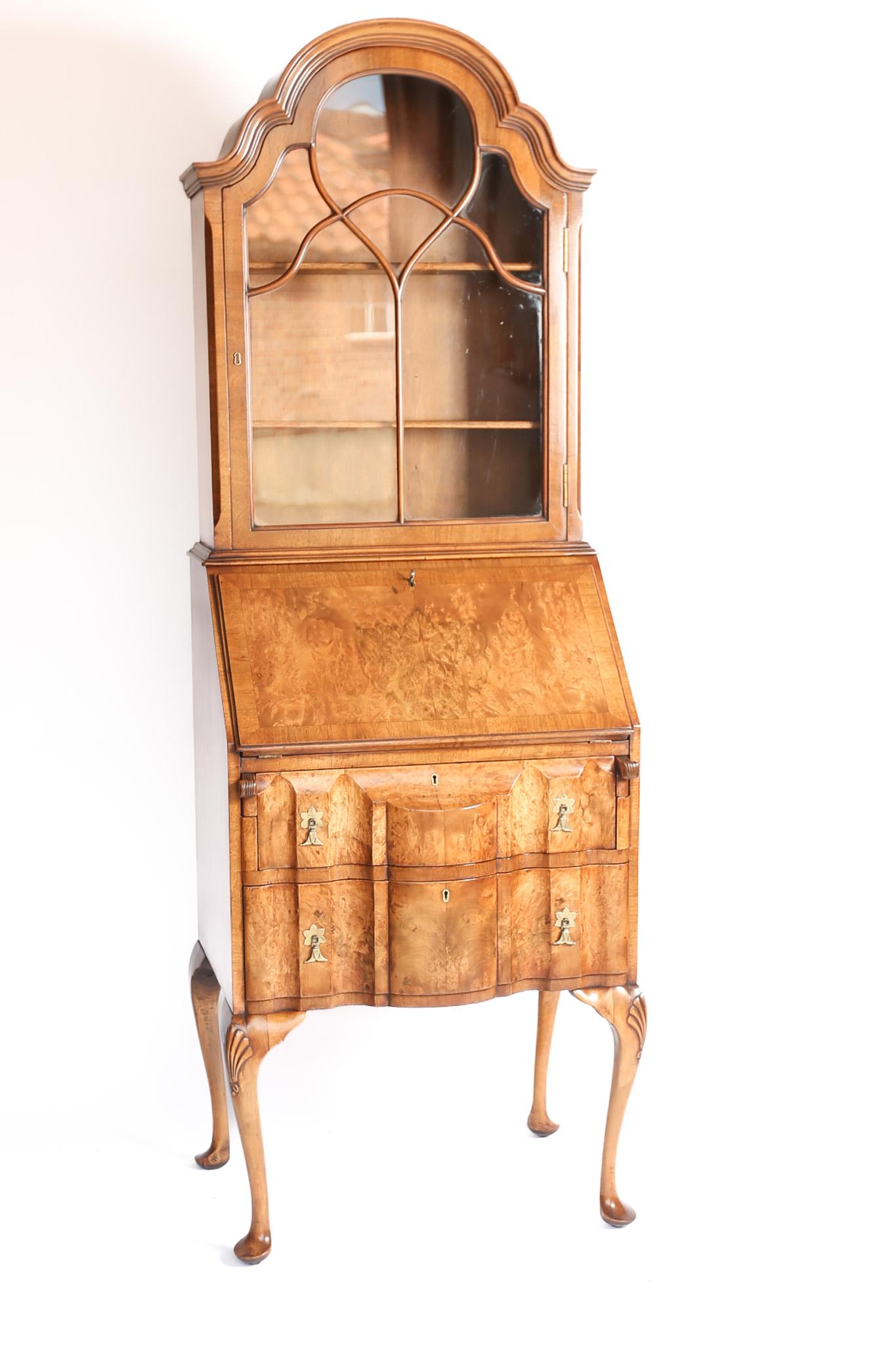 Queen Anne Style Burr Walnut Bureau Bookcase c.1920 (1 of 7)