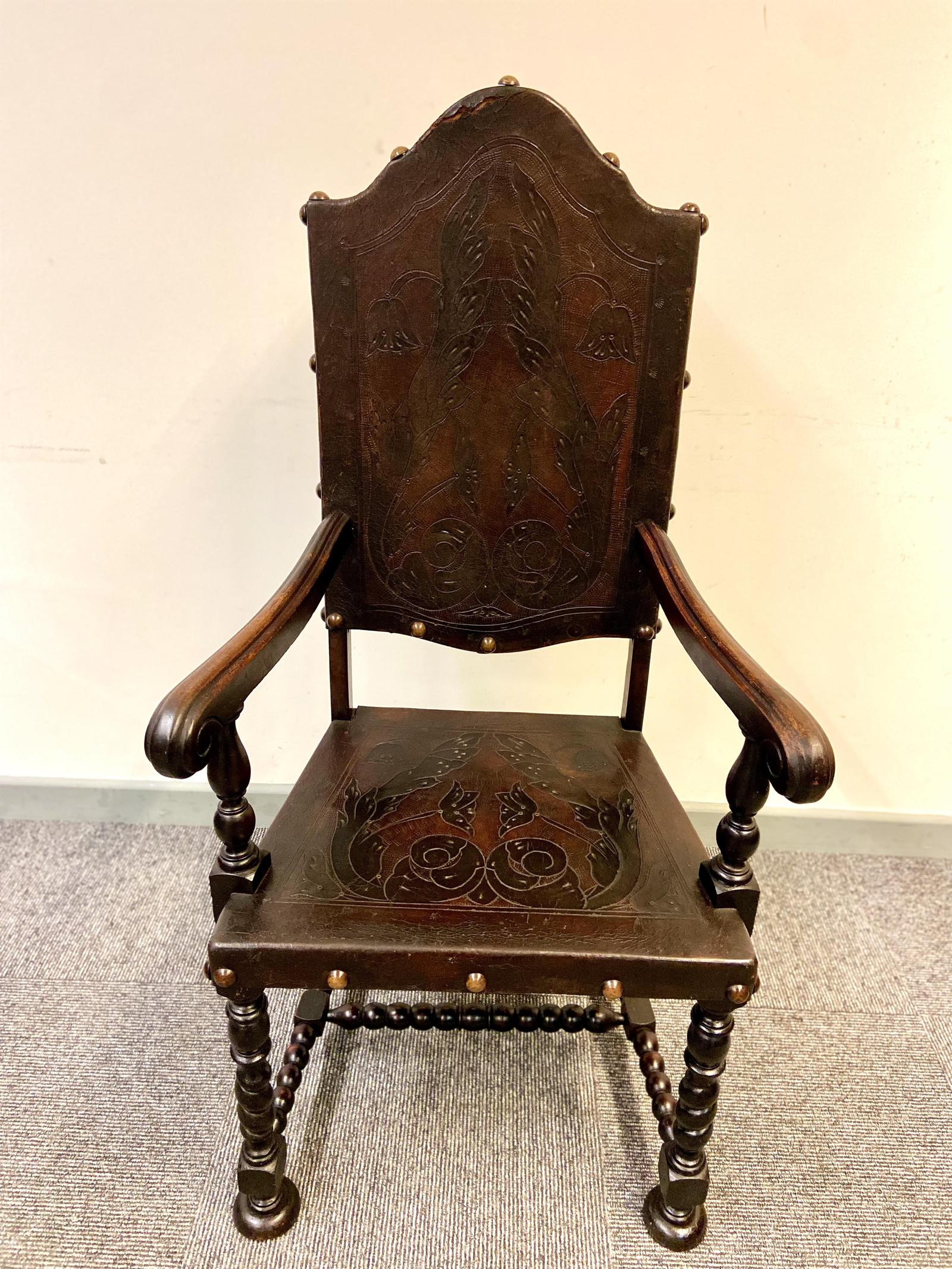 Antique Large Throne Chair / Handcarved Wood / Hand Tooled Leather / 19th Century (1 of 12)