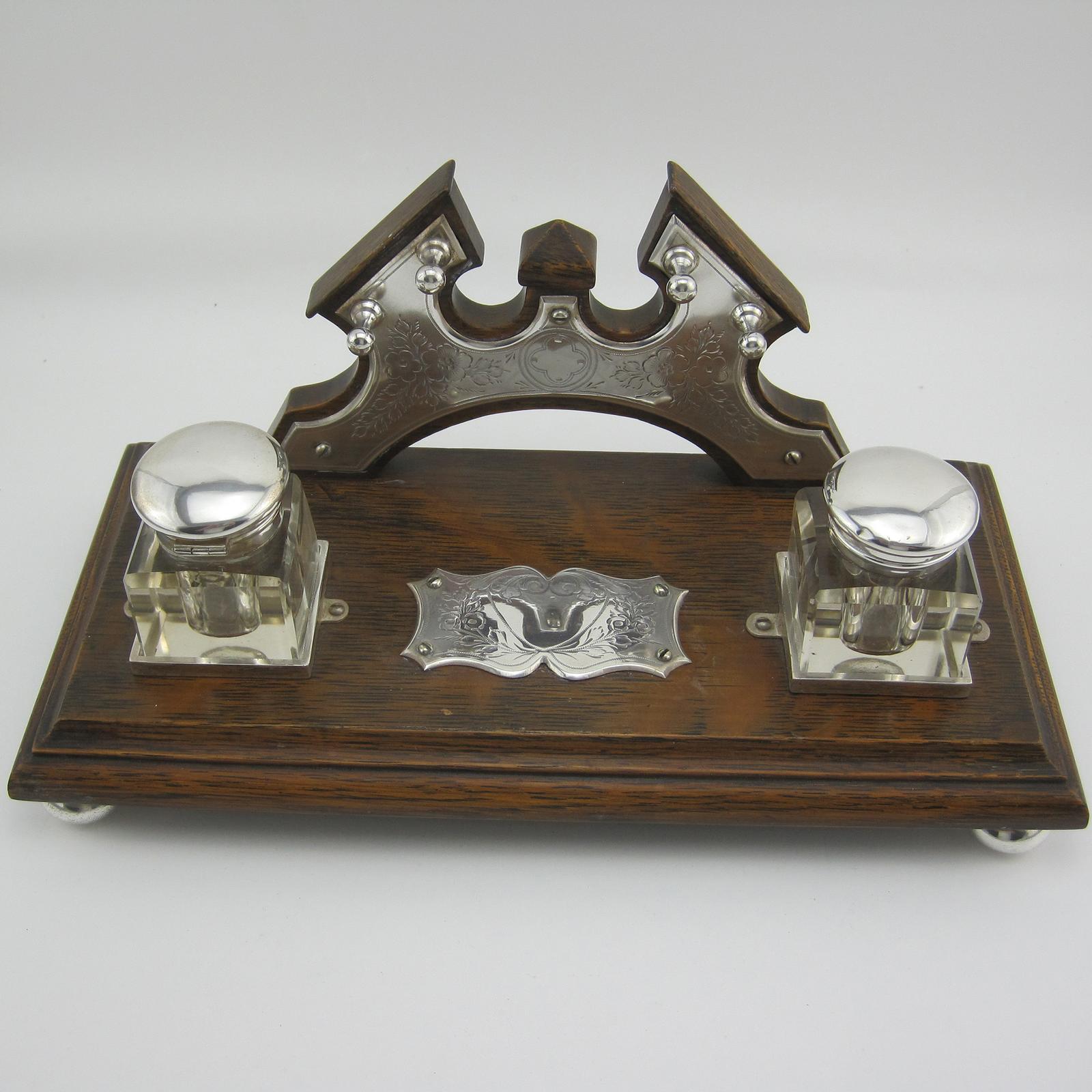 Unusual Victorian Oak & Silver Plated Two Bottle Inkstand (1 of 5)