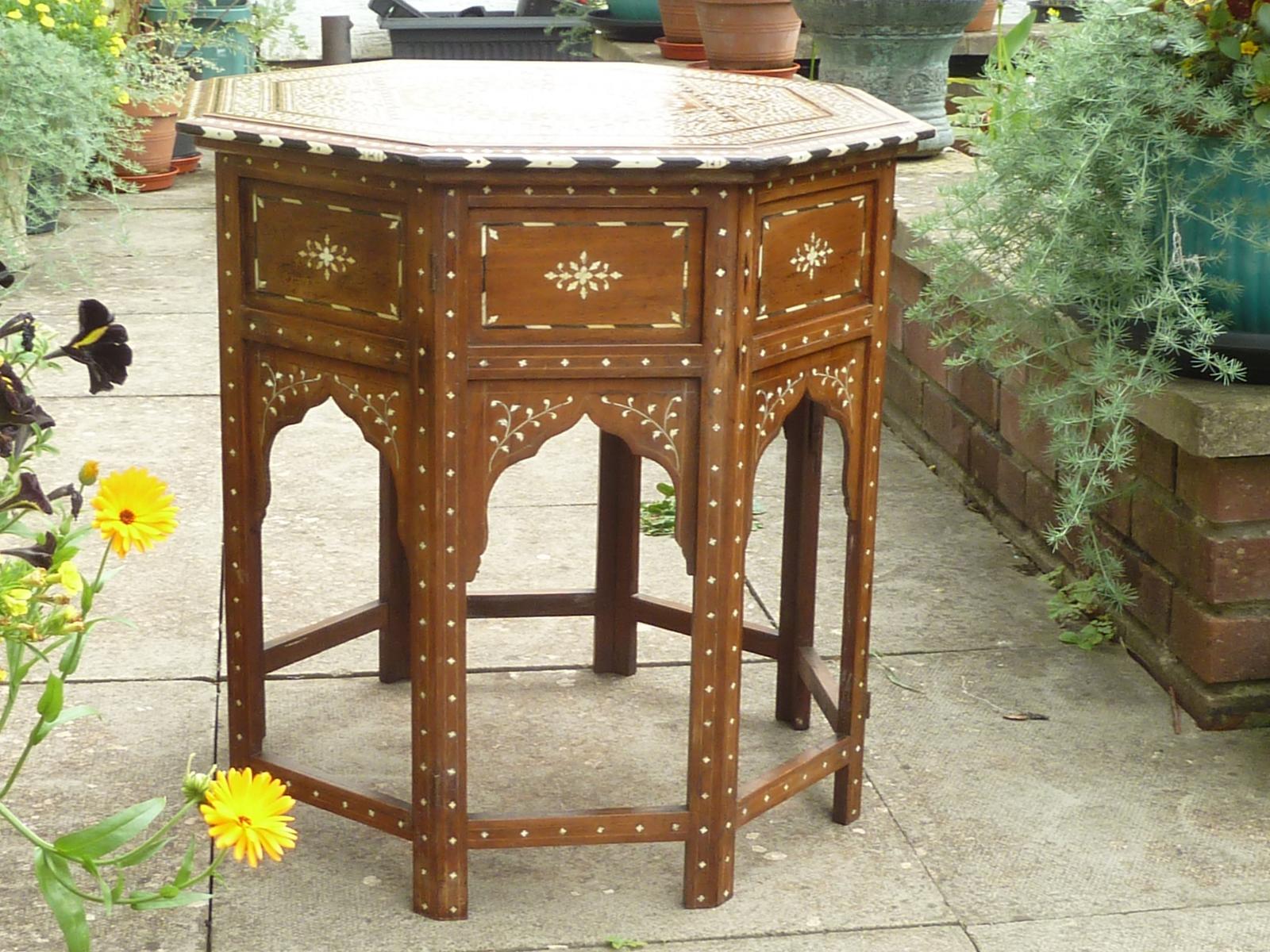 Anglo Indian Sandalwood Bone Inlaid Folding Octagonal Star Hoshiarpur Table Moorish Antique (1 of 6)