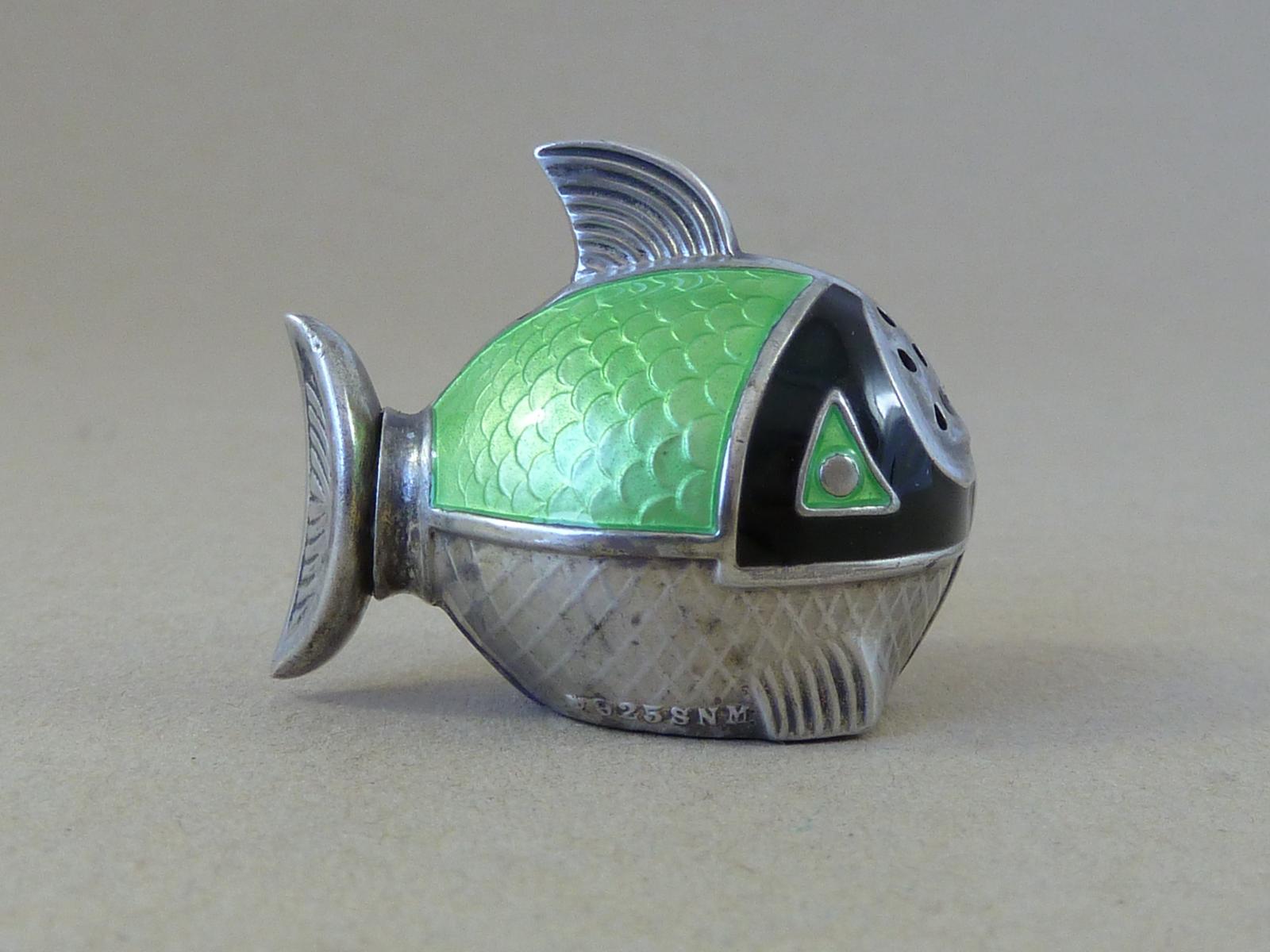 Novelty Silver Enamel Fish Pepper Salt Shaker Norway Sterling  Pepperette Hallmarked Miniature (1 of 8)