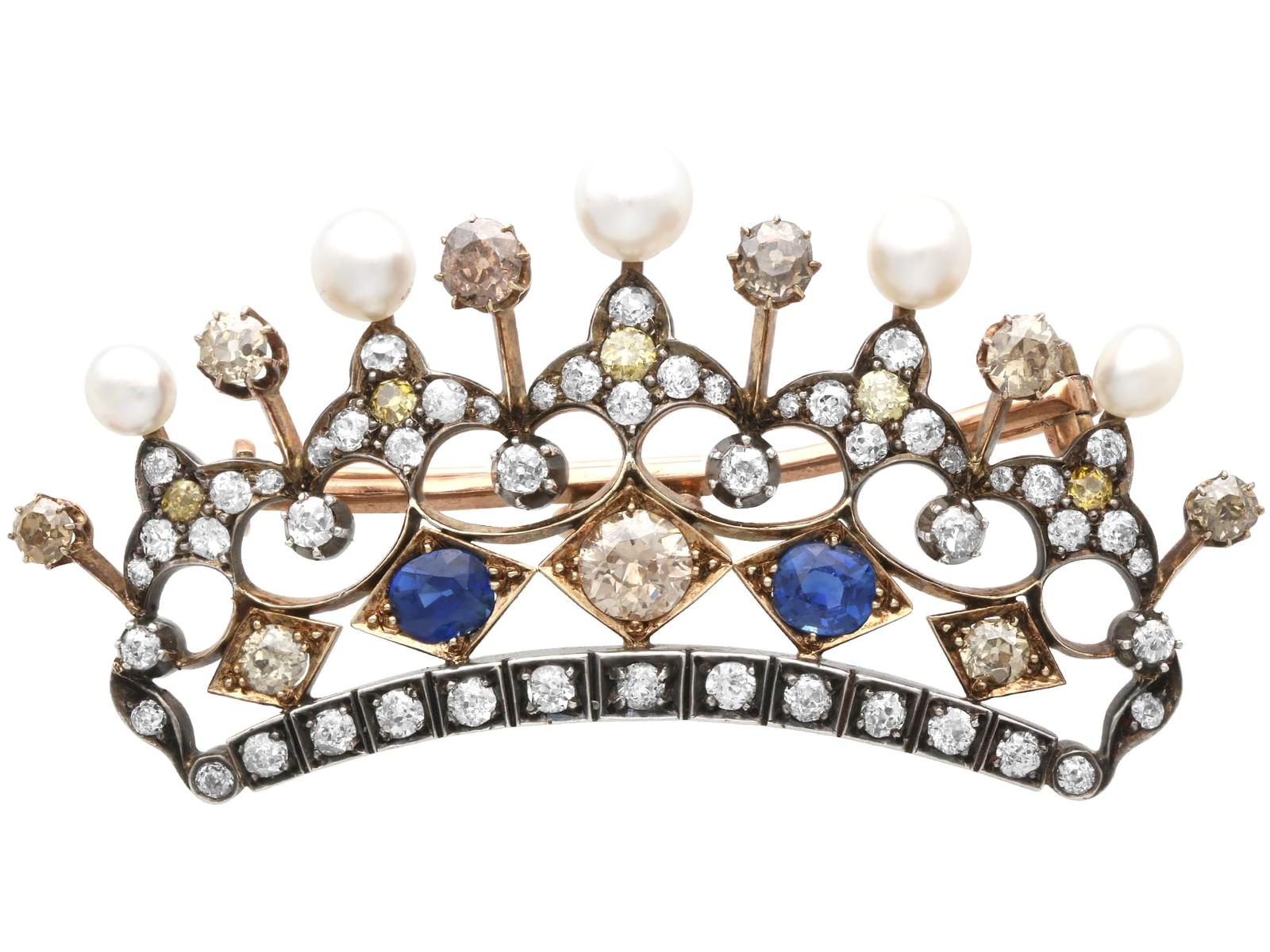 Antique 1.45ct Sapphire, 6.16ct Diamond & Natural Pearl, 9ct Yellow Gold Crown Brooch c.1880 (1 of 10)