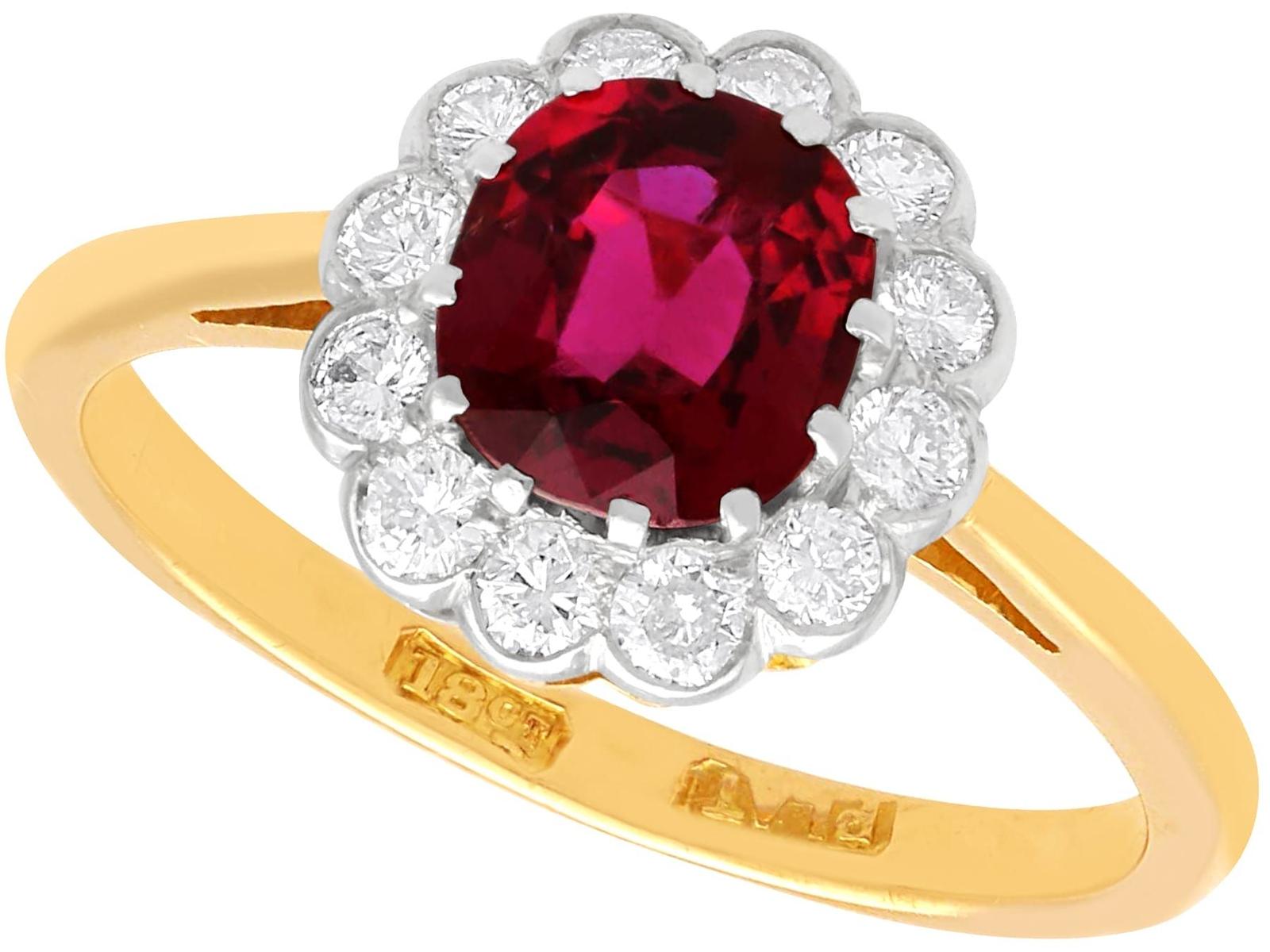 1.02ct Ruby & 0.33ct Diamond 18ct Yellow Gold Cluster Ring c.1930 (1 of 12)