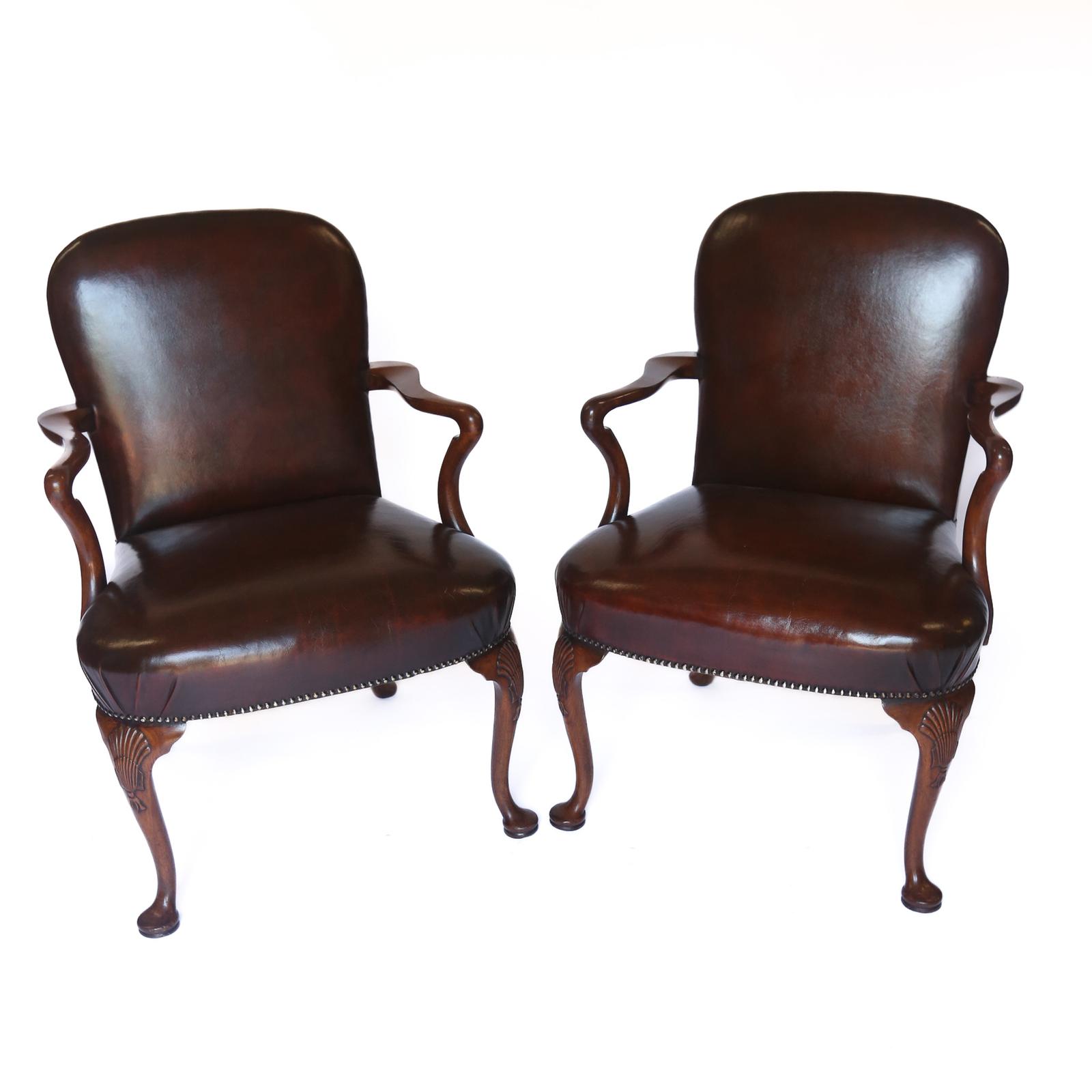 Pair of Georgian Revival Walnut & Leather Open Elbow Chairs (1 of 6) Pair of Georgian Revival Walnut & Leather Open Elbow Chairs (1 of 6)