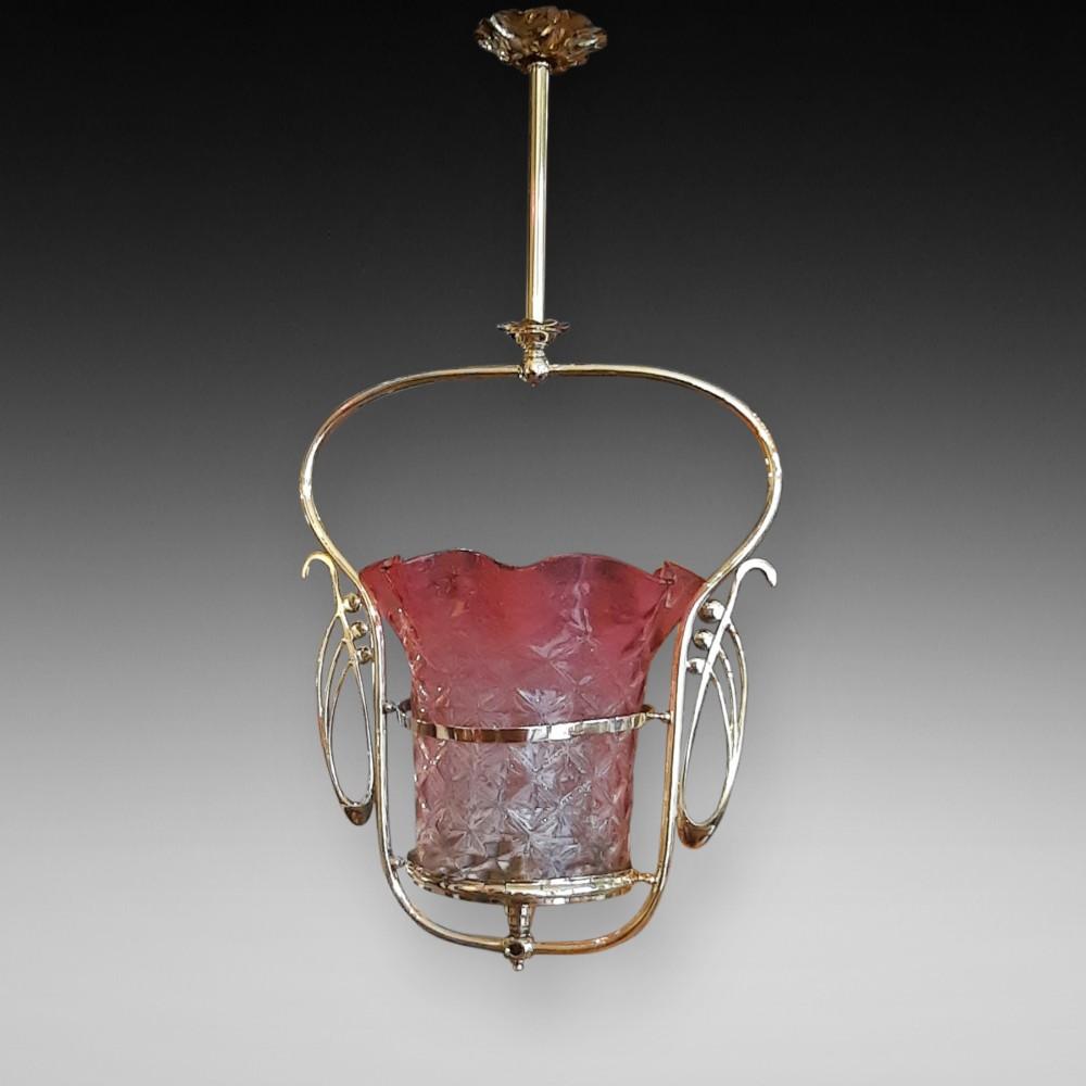 Art Nouveau Brass & Cranberry Glass Ceiling Fitting (1 of 6)