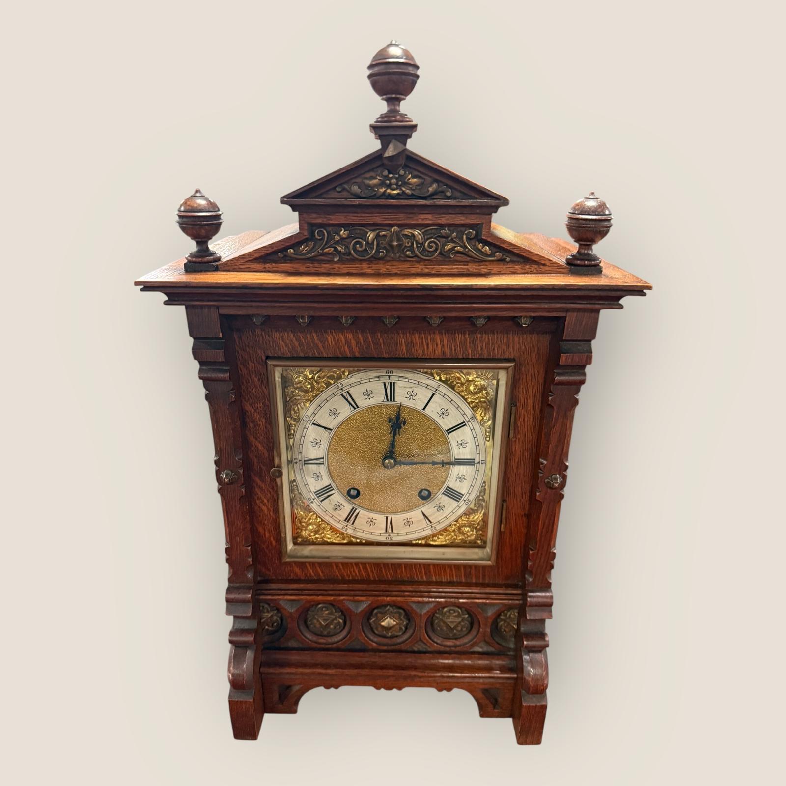Antique Carved Mantel Oak Mantle Clock with Brass Dial (1 of 9)