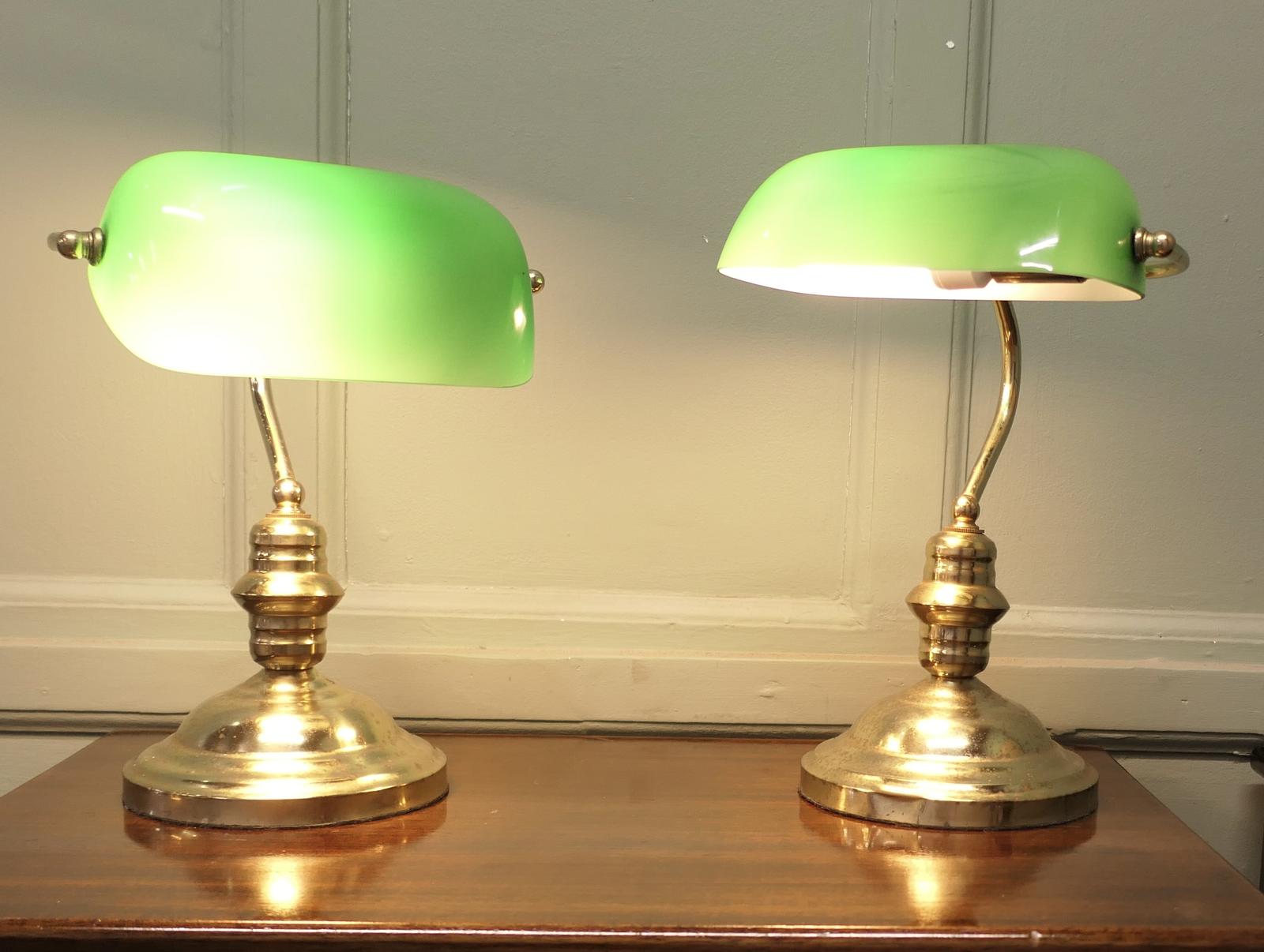 Pair of Brass & Green Glass Banker’s Lamps (1 of 6)