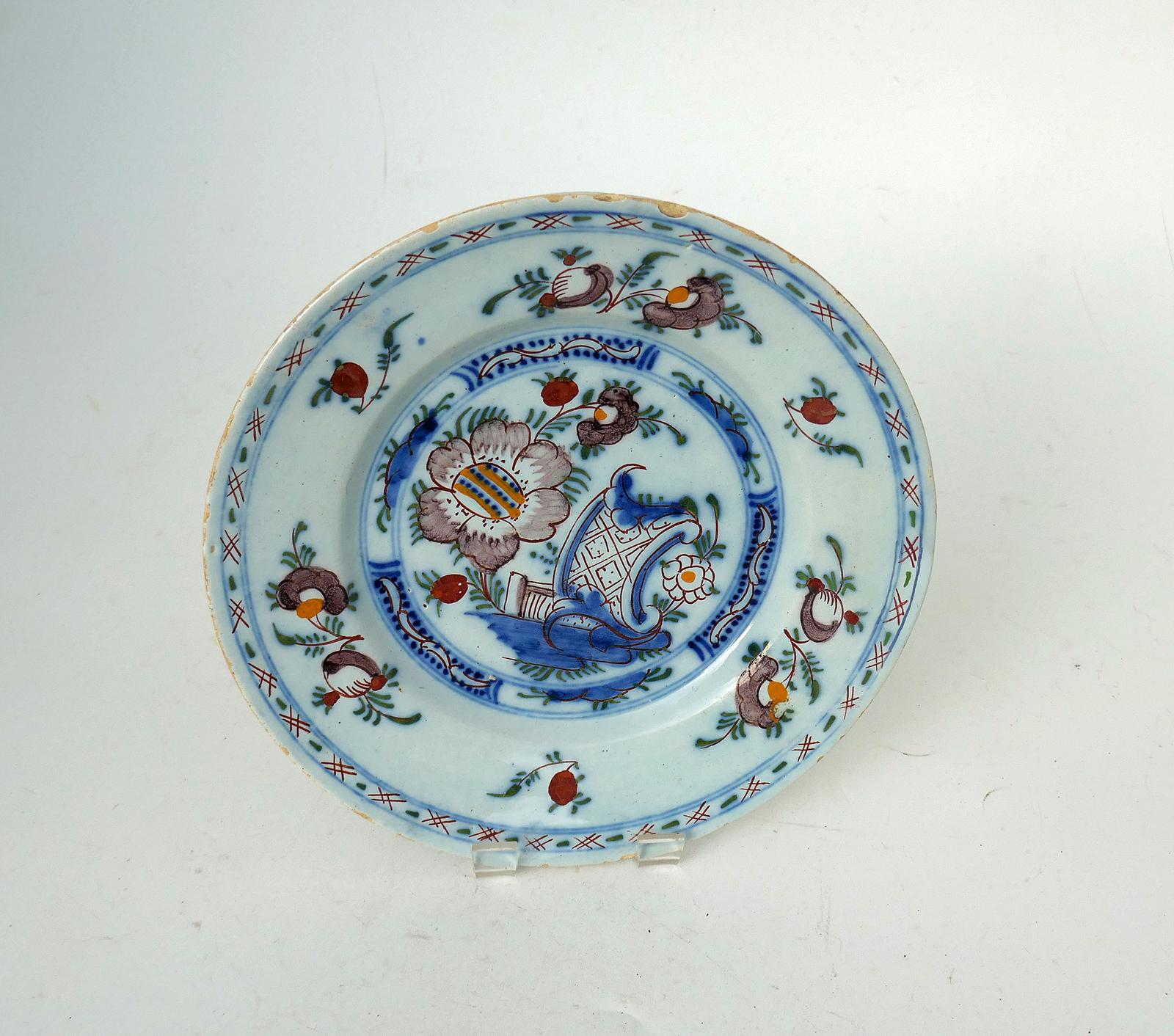 Antique Early Pottery 18th Century Polychrome Delftware 9" Single Plate - Dutch (1 of 3) Antique Early Pottery 18th Century Polychrome Delftware 9" Single Plate - Dutch (1 of 3)