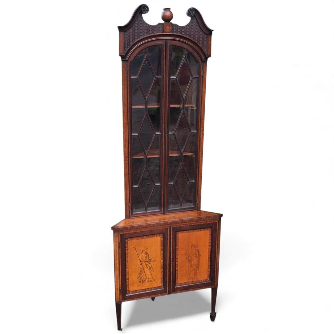 Tall Antique Display Corner Cabinet with Decorative Figures (1 of 19)