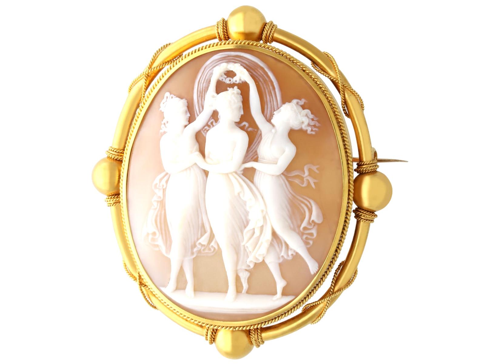 Antique Shell & 21k Yellow Gold Three Graces Cameo Brooch c.1880 (1 of 16)