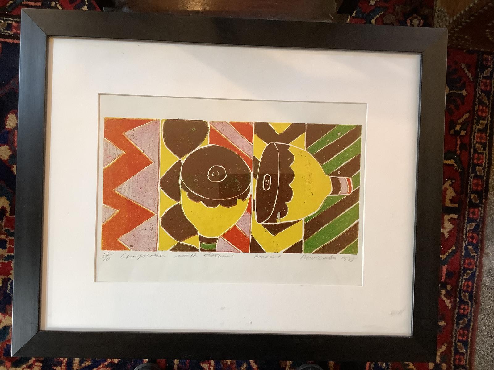 Patrick Mweemba: Linocut “Composition with Drums” (1 of 4)