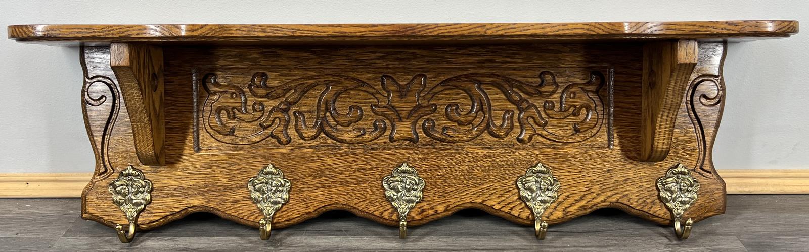 French Vintage Coat Rack Oak 5 Hooks Ornate Wall Shelf Carved Coat (1 of 9)