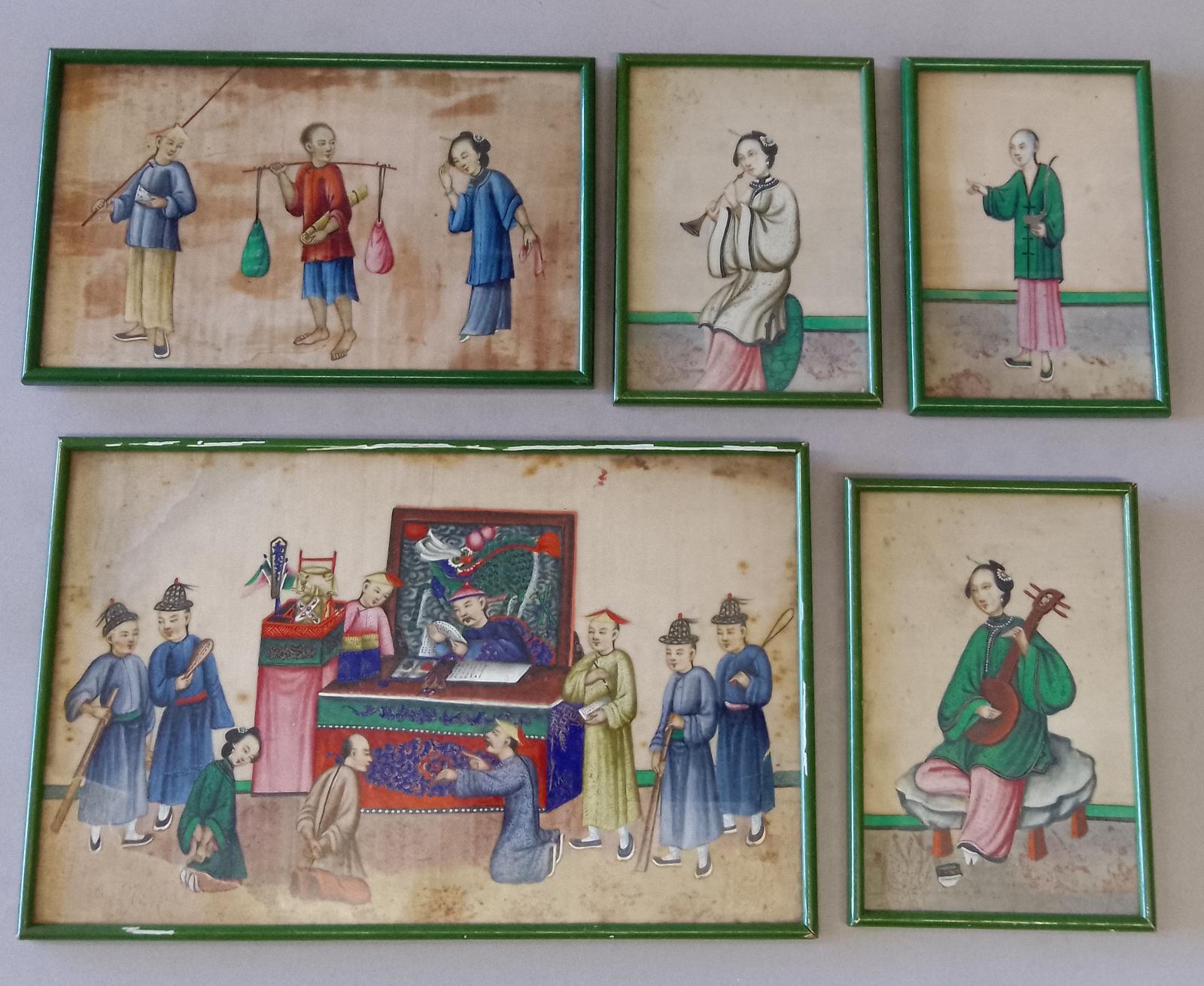 Set of Five Chinese Qing Dynasty Pictures on Pith Paper (1 of 6)