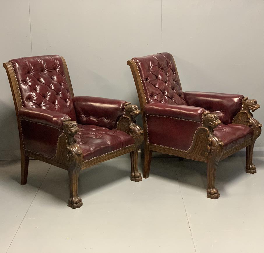 Pair of 19th Century Buttoned Leather Armchairs with Grifins (1 of 11)