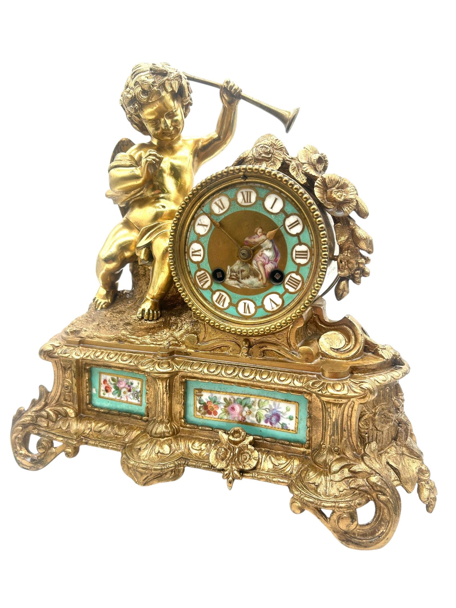 Trumpet Cherub Figural Ormolu French Victorian Sevres 8-day Mantel Clock ca.1860 (1 of 15) Trumpet Cherub Figural Ormolu French Victorian Sevres 8-day Mantel Clock ca.1860 (1 of 15)