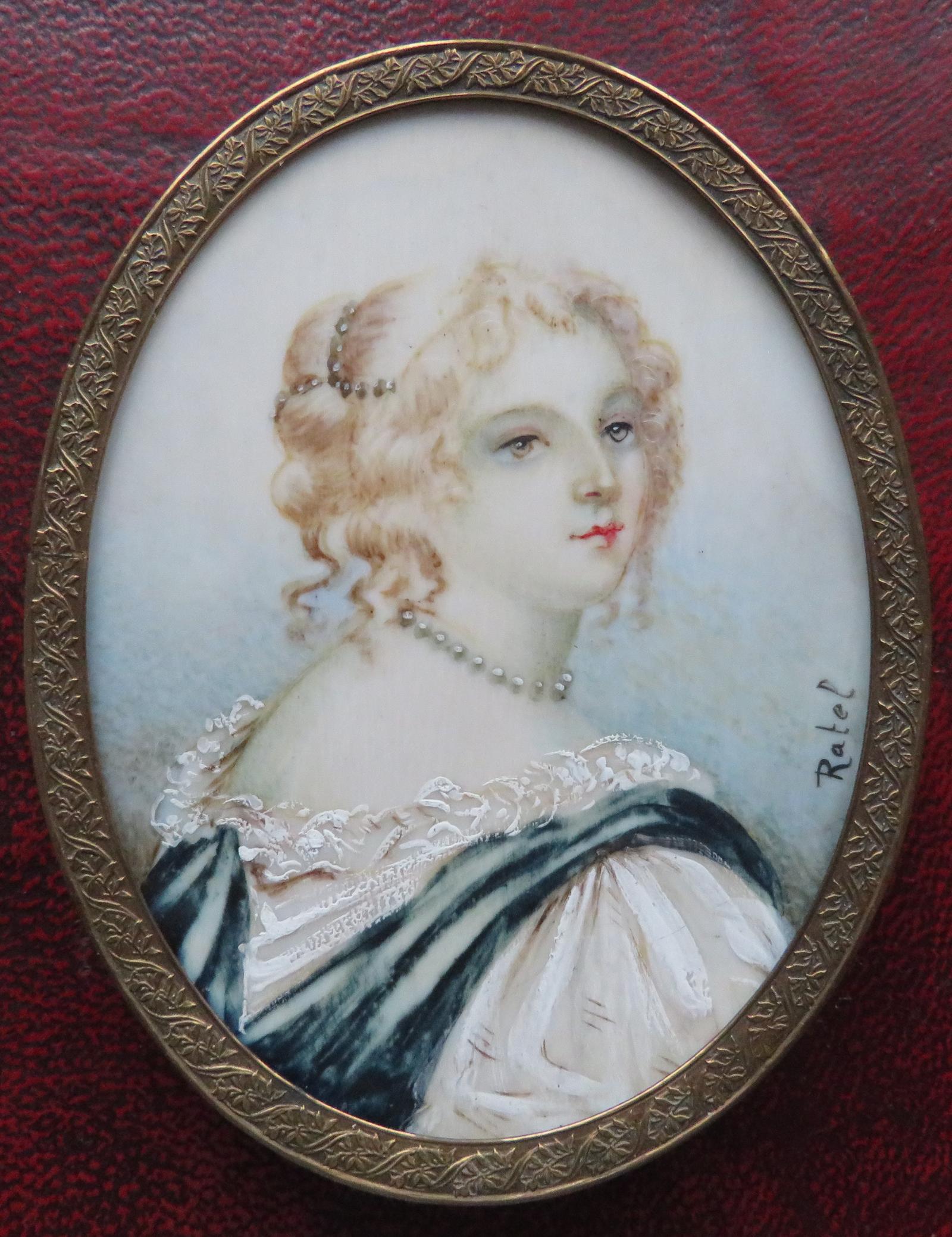 HAND PAINTED MINIATURE PORTRAIT FRENCH, NO2 RATEL (1 of 2) HAND PAINTED MINIATURE PORTRAIT FRENCH, NO2 RATEL (1 of 2)