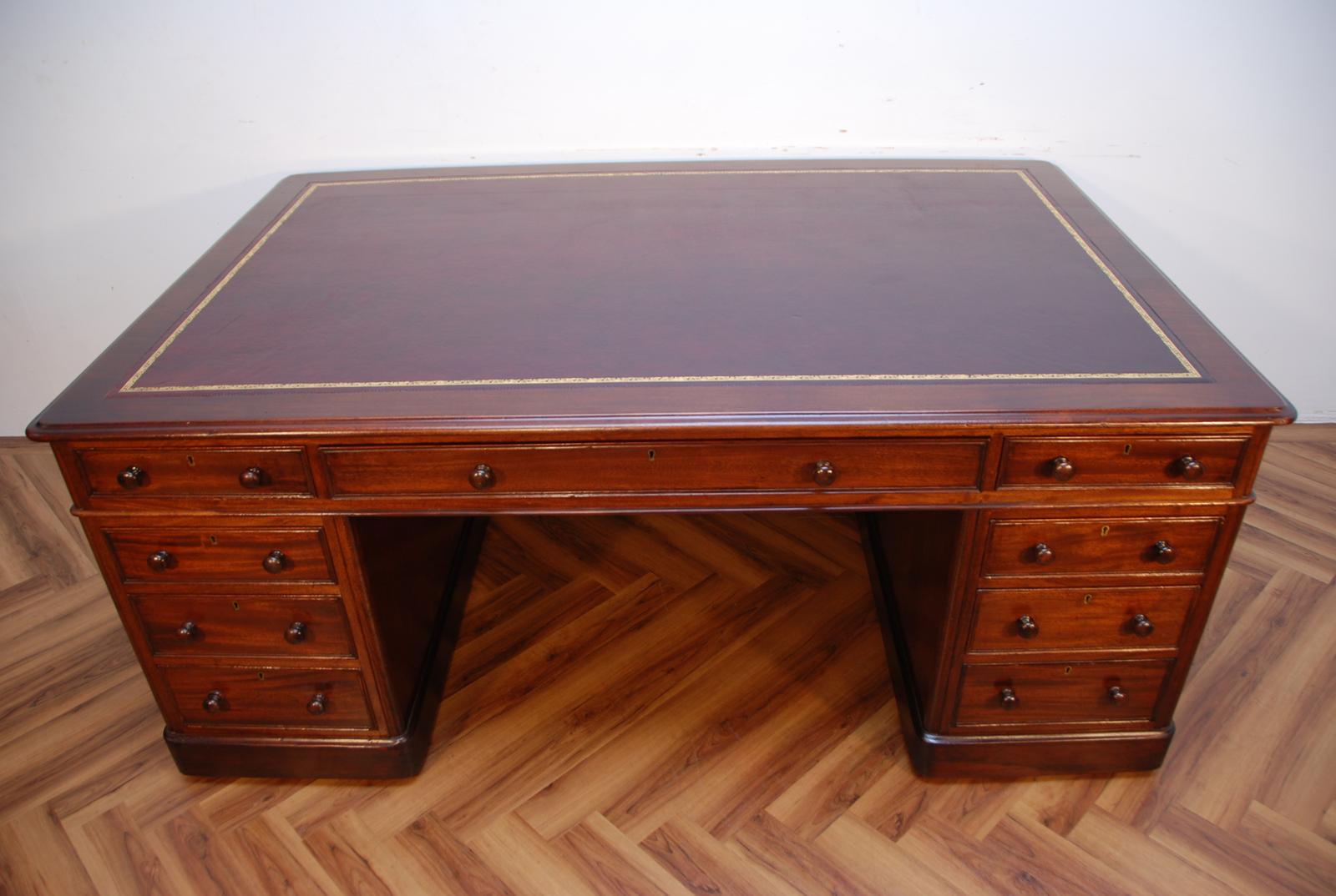 Antique Victorian Partners Mahogany Writing Desk with New Burgundy/red Leather (1 of 16)