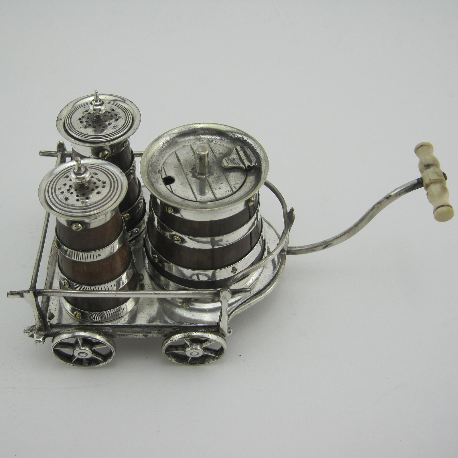 Victorian Oak & Silver Plated Barrow Form Condiment Set (1 of 6)