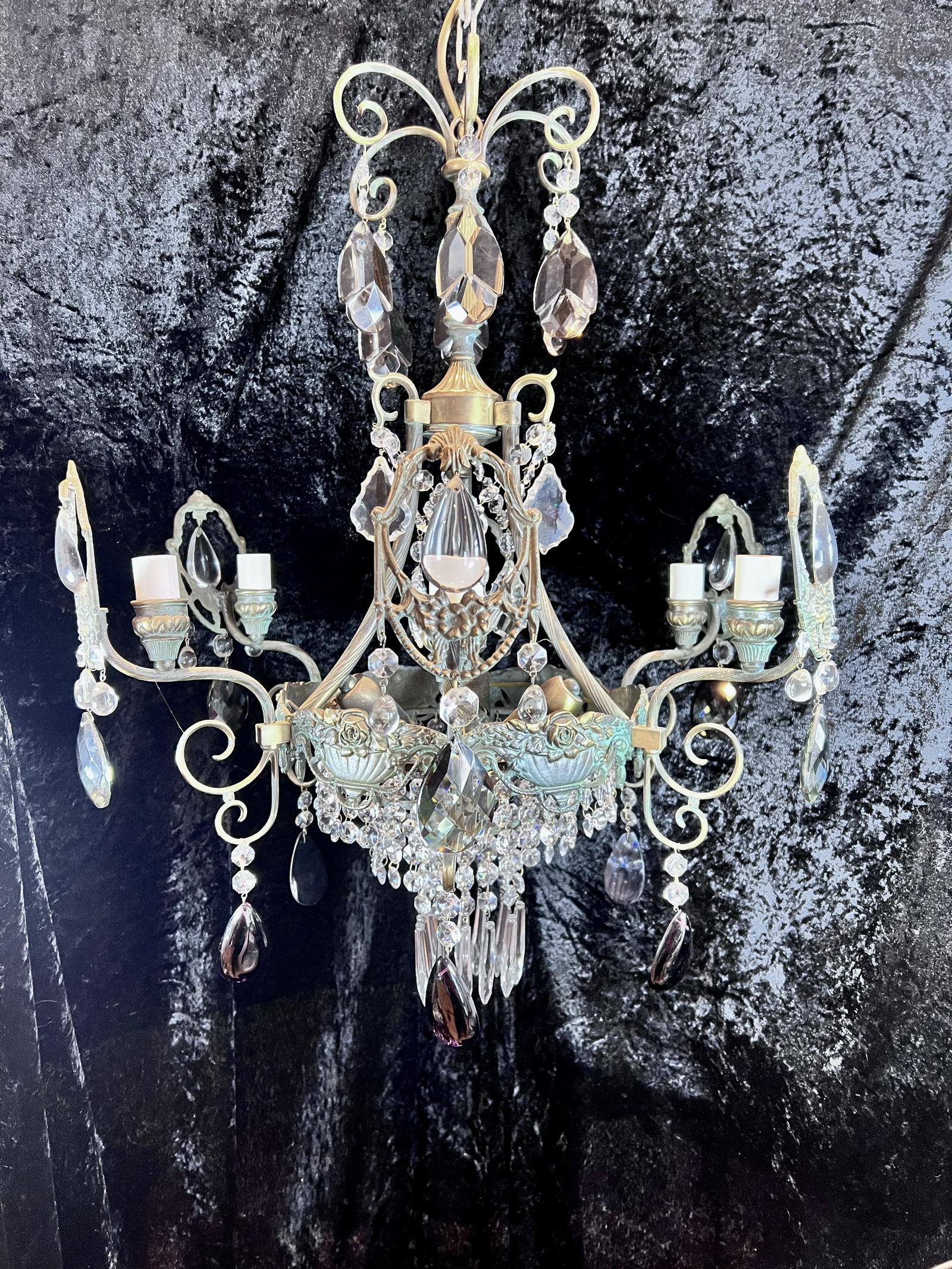An Unusual French Antique Nine Light Antique Chandelier with Coloured Crystals (1 of 16)