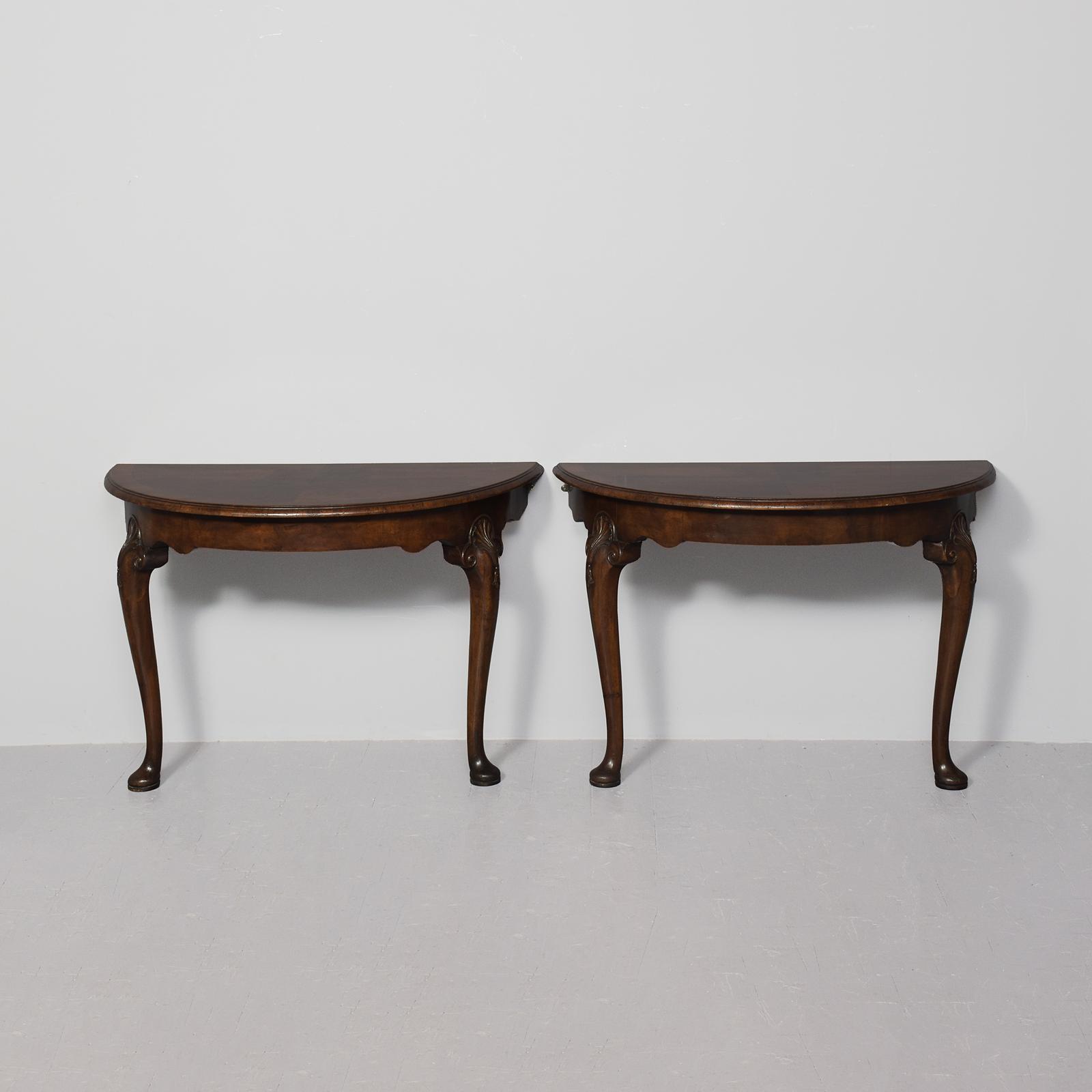 Pair of Early Georgian-style Figured Walnut Demi-lune Hall Tables (1 of 7) Pair of Early Georgian-style Figured Walnut Demi-lune Hall Tables (1 of 7)