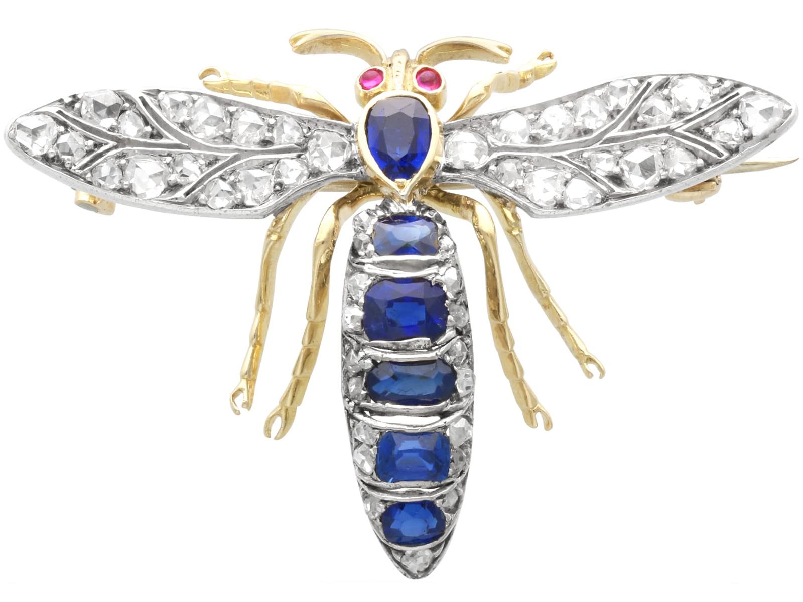 Antique 1.60ct Sapphire, 1.05ct Diamond, Ruby & 15k Yellow Gold Insect Brooch c.1890 (1 of 13)