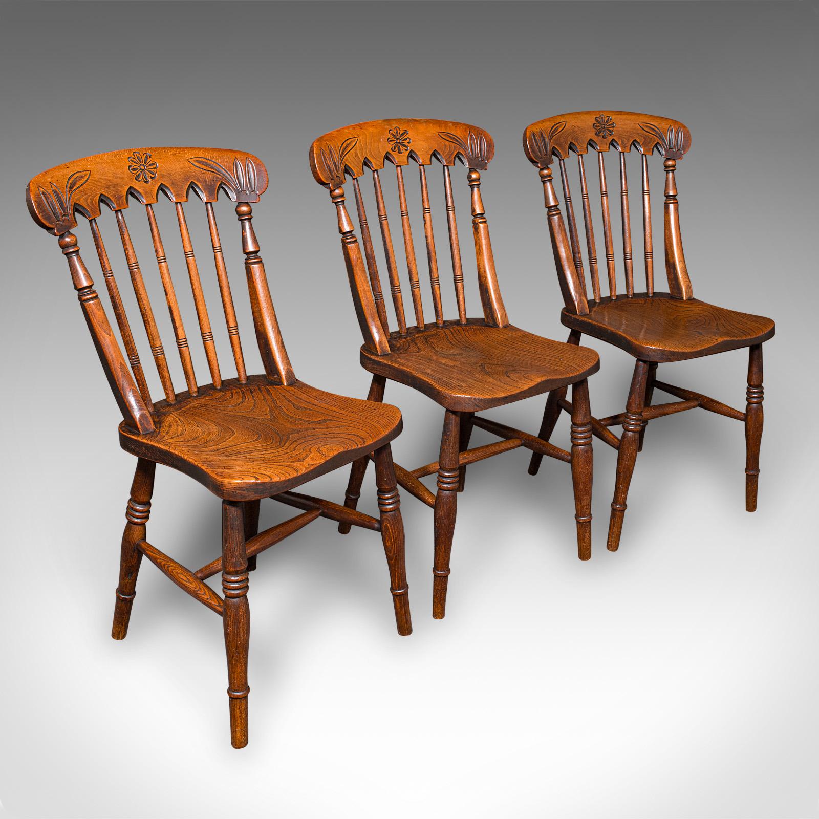 Trio of Antique Station Chairs, English Elm, Reception Hall Side Seat, Victorian (1 of 12)
