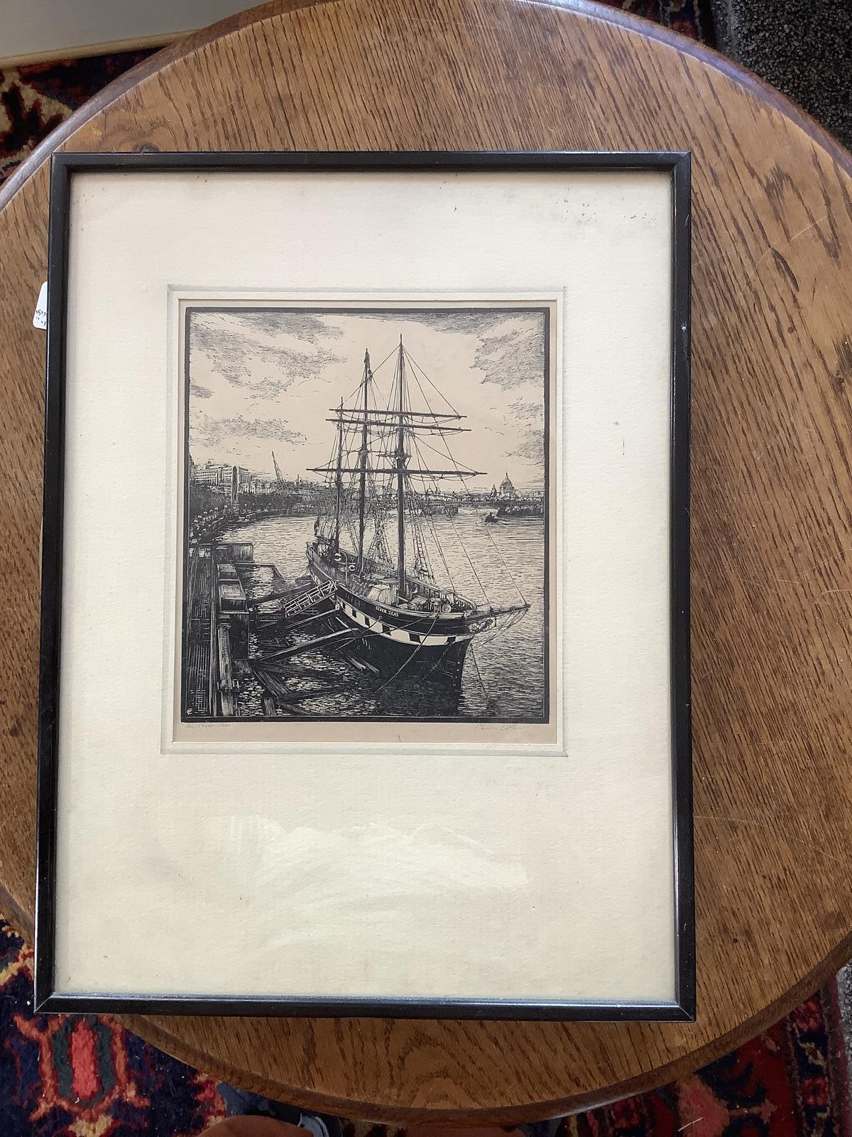 Charles E Flower: Etching of "Seven Seas" Sailing Ship in Port of London (1 of 5) Charles E Flower: Etching of "Seven Seas" Sailing Ship in Port of London (1 of 5)