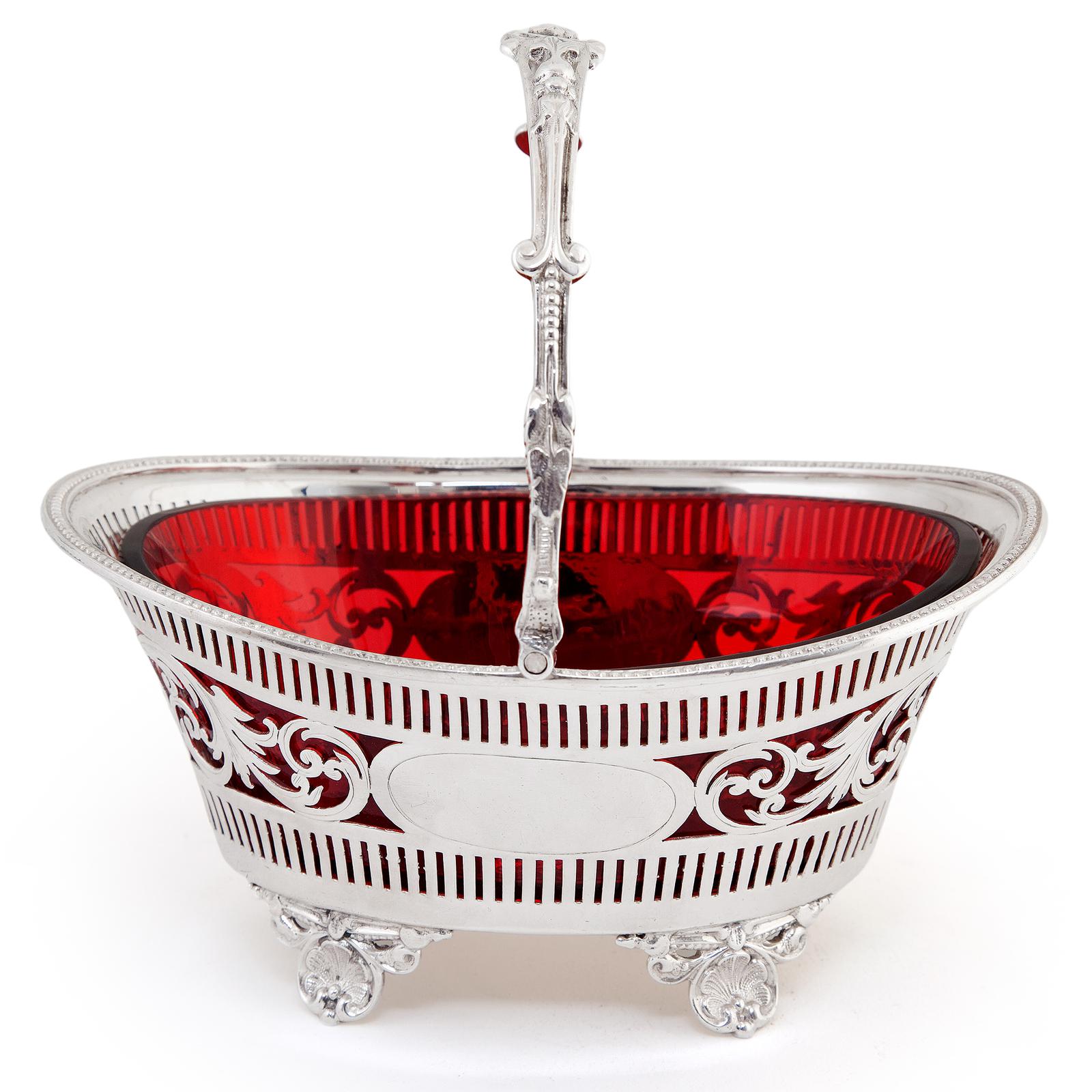 Silver Plated Boat Shaped Silver Basket with Cranberry Glass Liner (1 of 7)