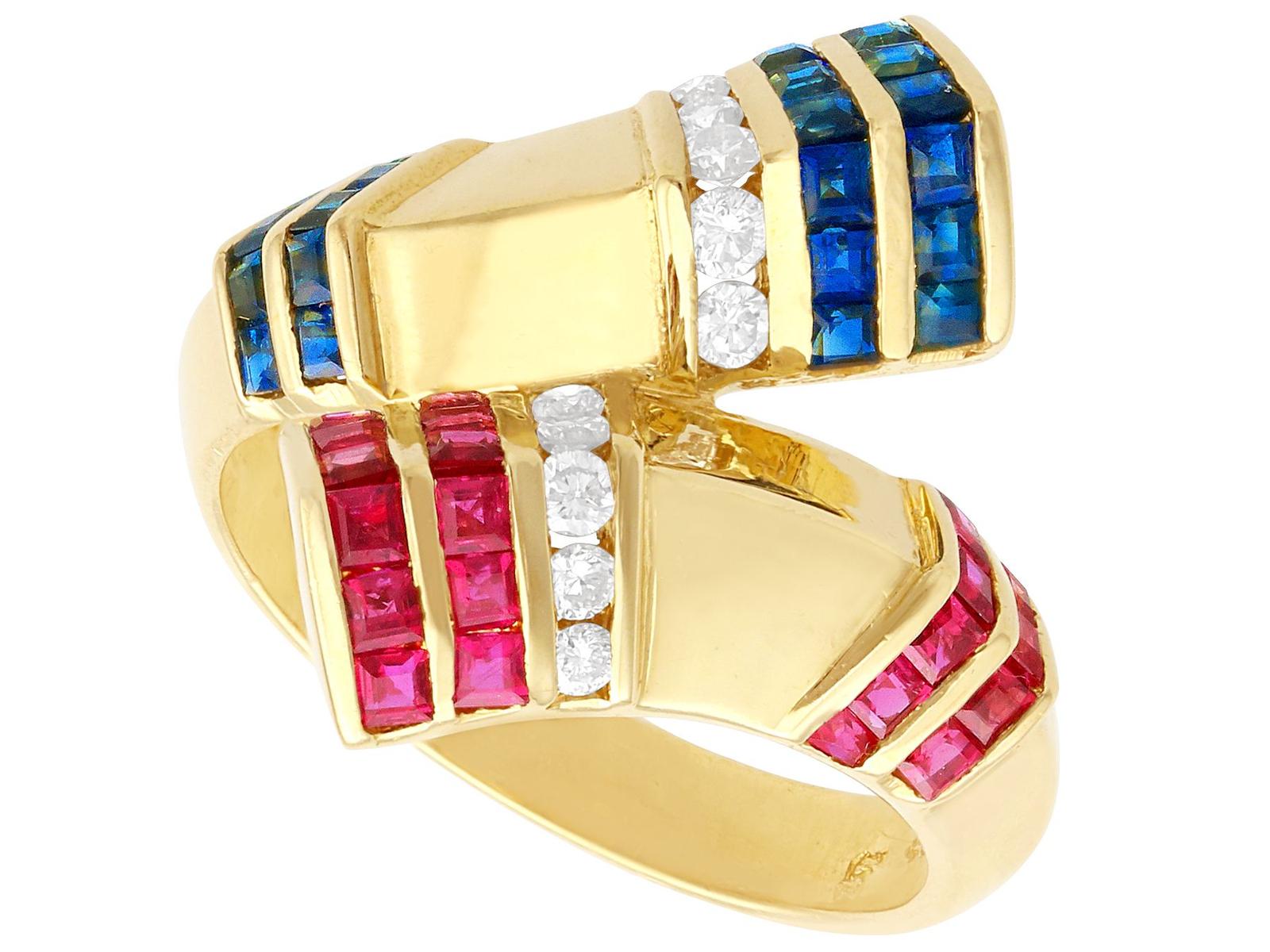 0.45ct Sapphire, 0.45ct Ruby & 0.14ct Diamond, 18ct Yellow Gold Dress Ring - Vintage c.1960 (1 of 12)