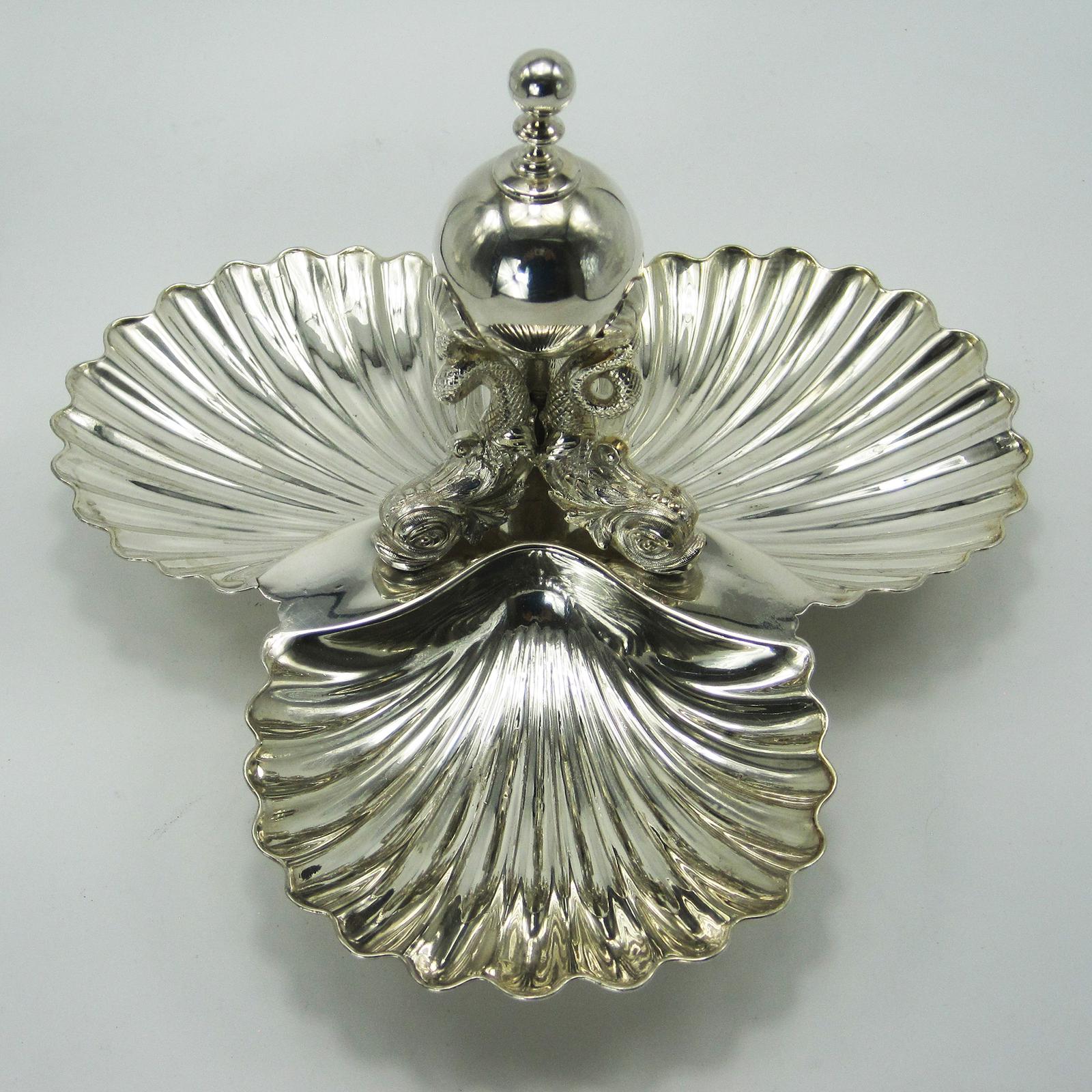 Decorative Victorian Silver Plated Shell Shape Serving Dish with Dolphin & Ball Handle (1 of 5)