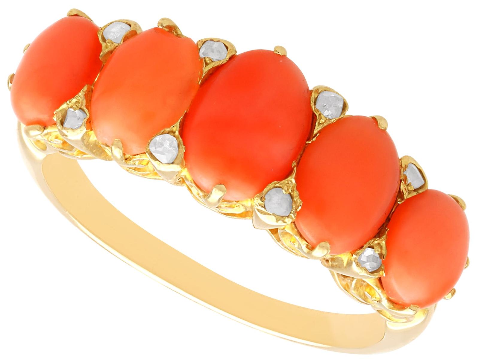 Antique 3.82ct Coral & 0.16ct Diamond, 18ct Yellow Gold Five Stone Ring c.1900 (1 of 11)