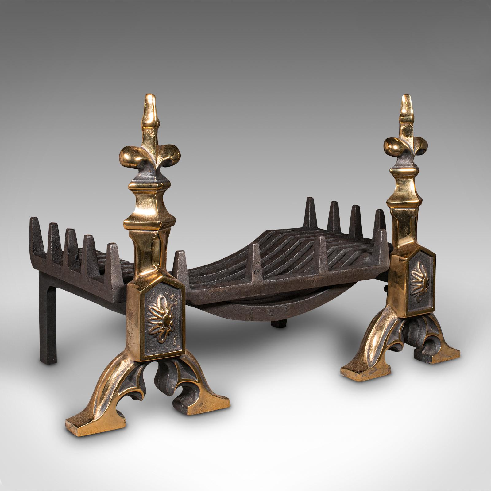 Antique Art Nouveau Fireplace Set, English, Fire Basket, Andirons, Victorian (1 of 10)